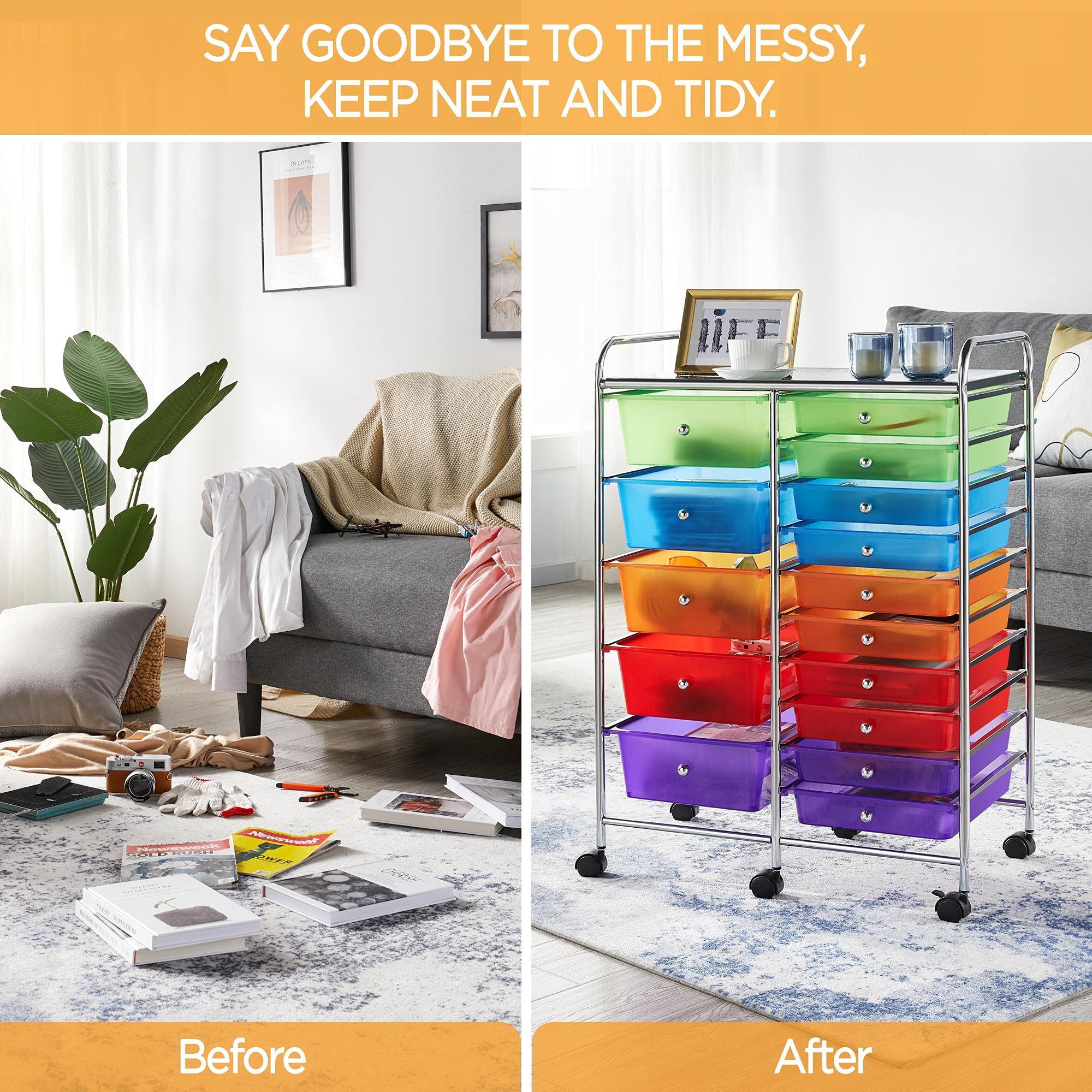 Yaheetech 15-Drawer Rolling Cart - Mobile Storage Organizer for Craft Supplies & Tools