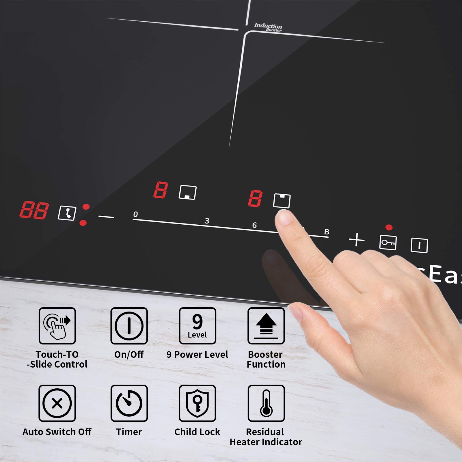 Double Induction Cooktop - 3400W Electric Induction Stove with 2 Zones, 29cm Built-in Ceramic Glass Surface, Touch Controls & Timer - Perfect for Home Kitchen, RV, and Small Spaces