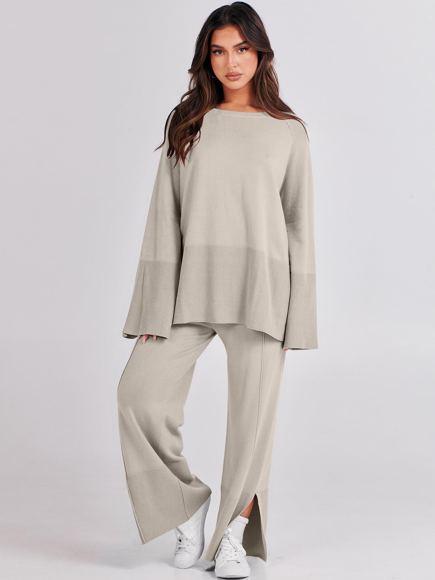 ANRABESS Women's 2 Piece Outfit - Oversized Knit Sweater & Wide Leg Pants Set | Cozy Lounge Wear, Matching Pajama Set | 2024 Trendy Casual Clothes for Home, Travel & Relaxation