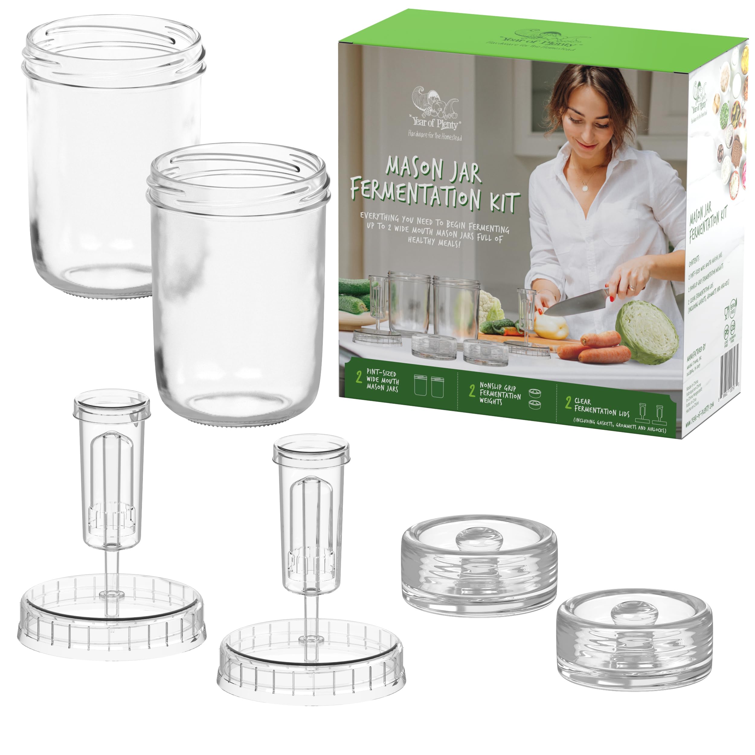**Year of Plenty Fermenting Kit - 2 Glass Mason Jars, 2 Fermentation Weights & 2 Airtight Lids for Pickles, Sauerkraut & Kimchi - Perfect for Home Fermentation & DIY Probiotic Foods**