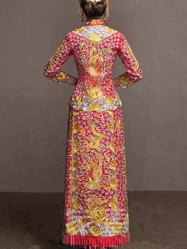 Exquisite Embroidered Phoenix & Dragon Wedding Qun Kwa - Traditional Chinese Bridal Dress for Ceremonies, Photos & Cultural Events