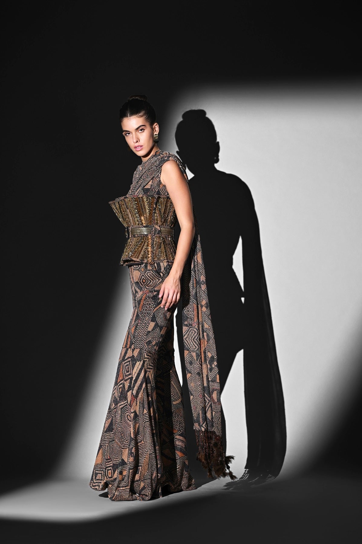 Brown Geometric Print Bodysuit and Pant Set with Attached Drape - Stylish Women's Outfit for Casual Wear, Date Night & Special Occasions