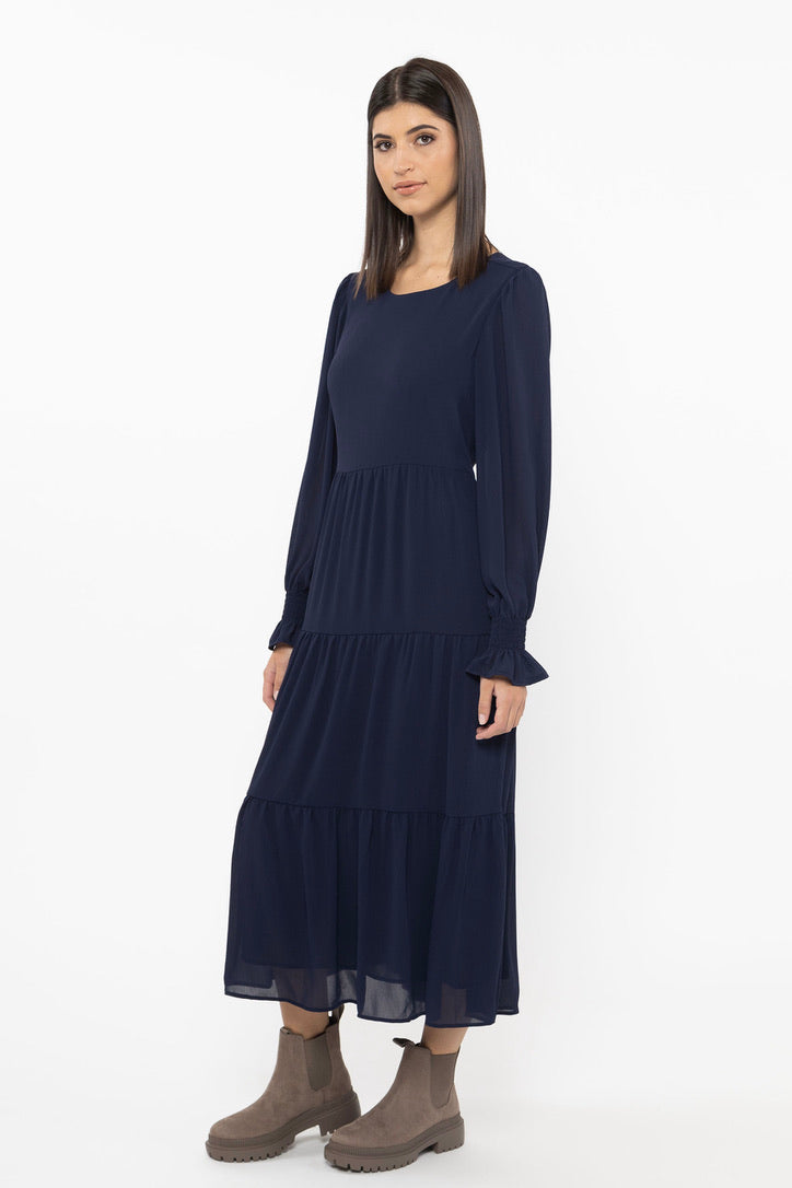 Elegant Navy Blue Chiffon Long Sleeve Tiered Maxi Dress for Women | Formal & Casual Occasions | Perfect for Weddings, Parties & Evening Events