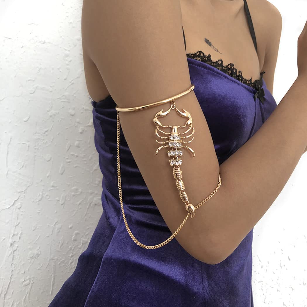 Urieo Scorpion Cuff Arm Bracelet - Gold Rhinestone Crystal Open Upper Arm Band with Tassel Chain, Elegant Bangle Jewelry for Women | Perfect for Raves, Parties, and Evening Events