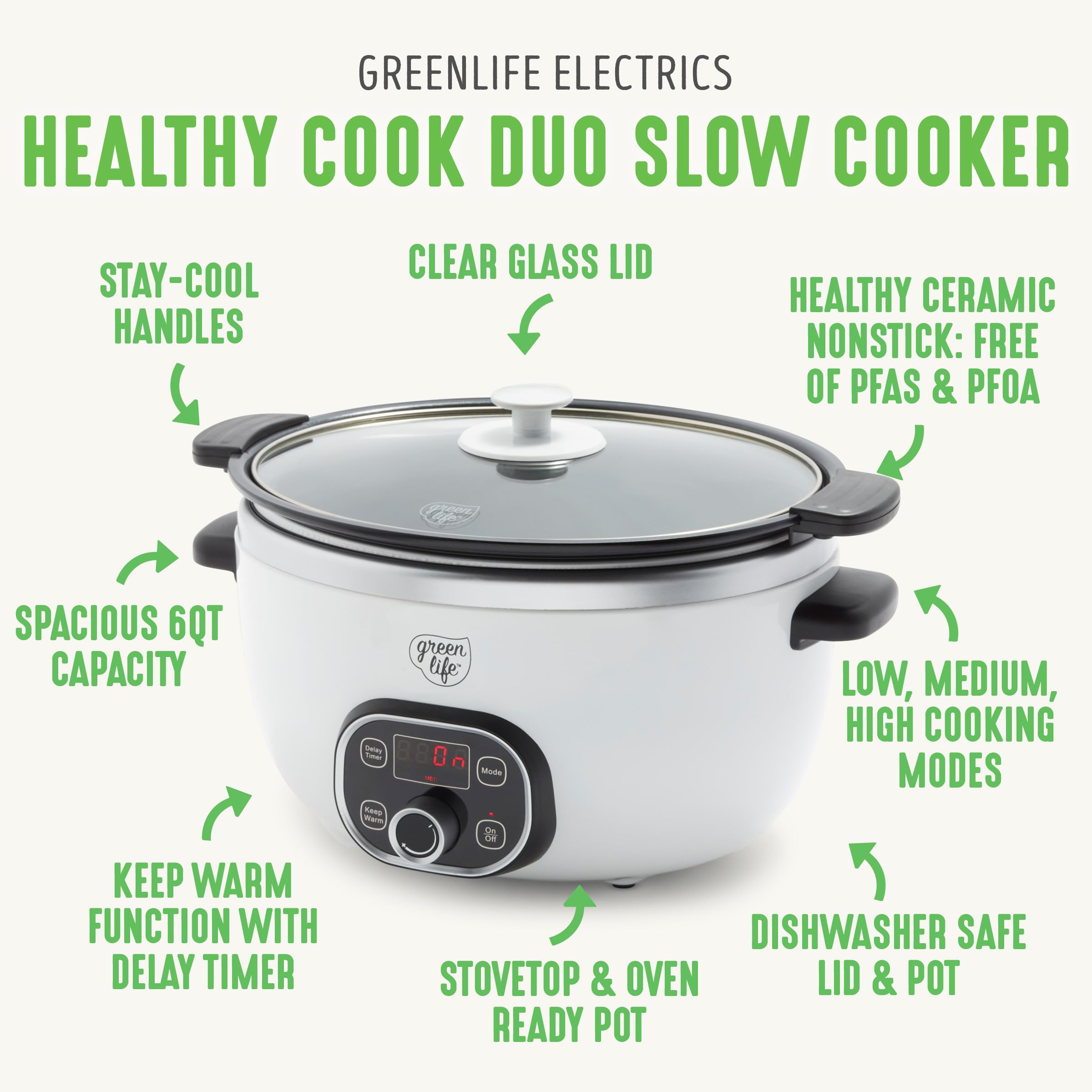 GreenLife 6 Quart Ceramic Slow Cooker - PFAS-Free, Programmable Crock Pot with Removable Nonstick Pot, Digital Timer & Stovetop Sear Function | Perfect for Large Families, Meal Prep, Soups, Stews & Holiday Gatherings | Dishwasher Safe Glass Lid & White Crock