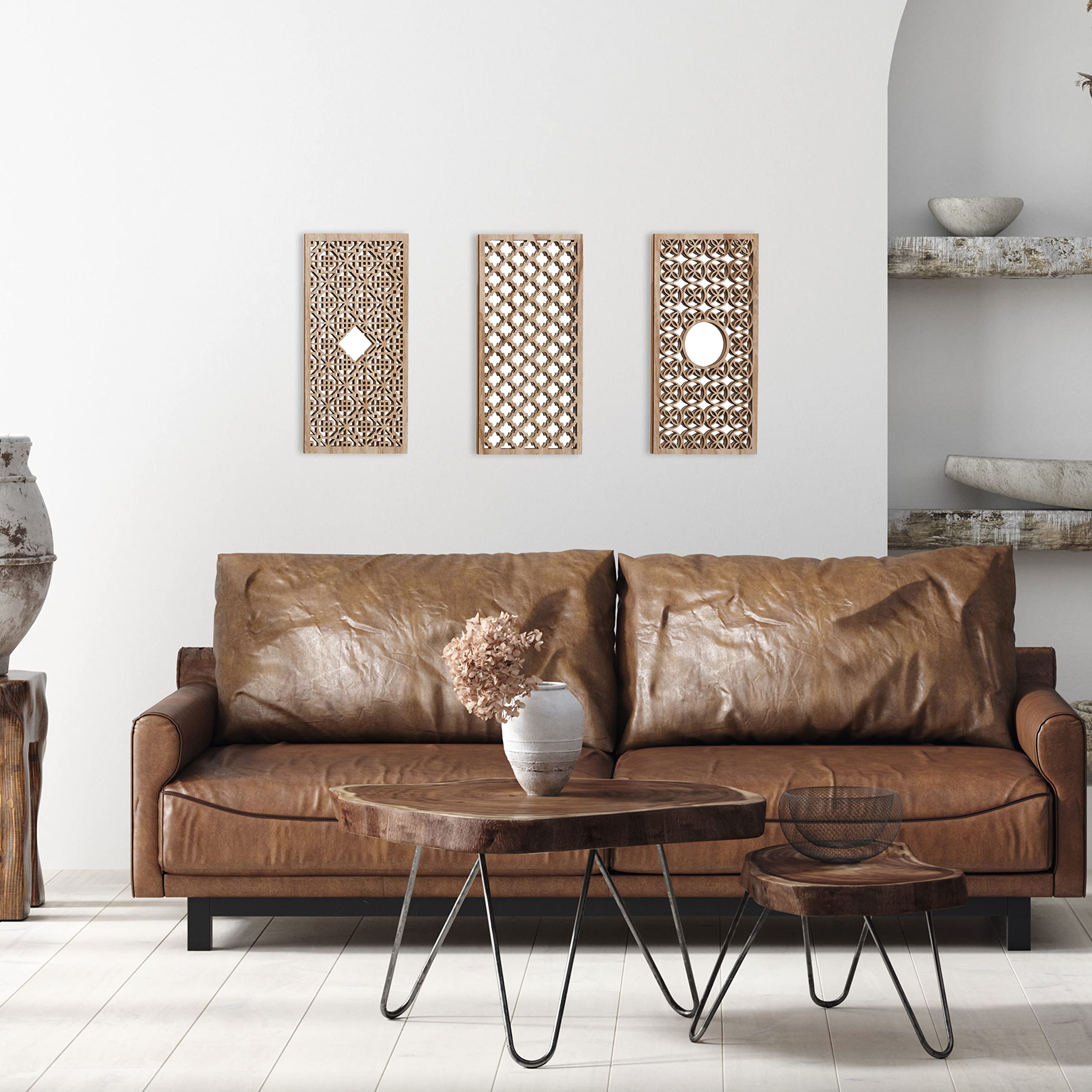WHW Whole House Worlds Hamptons Lattice Framed Mirrors - Set of 3 Rectangle Wall Mirrors with Brilliant Reflective Glass, Rustic Wood Grain MDF Frame (23.5