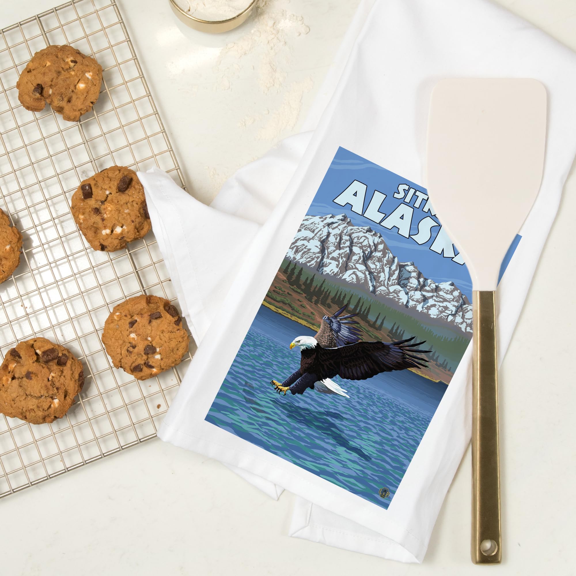 **Lantern Press Sitka Alaska Bad Eagle Diving Tea Towel - 100% Cotton Decorative Hand Towel for Kitchen, Home & Gifts - Perfect for Dish Drying, Decor, and Hostess Gifts**