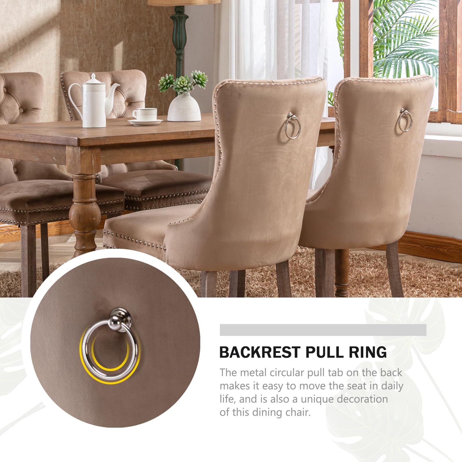 4 Velvet Upholstered Dining Chairs Set with Ring Pull Trim & Button Back - Modern Comfortable Seating for Kitchen, Bedroom & Living Room (Khaki) | Perfect for Home Dining, Entertaining Guests & Cozy Reading Nooks