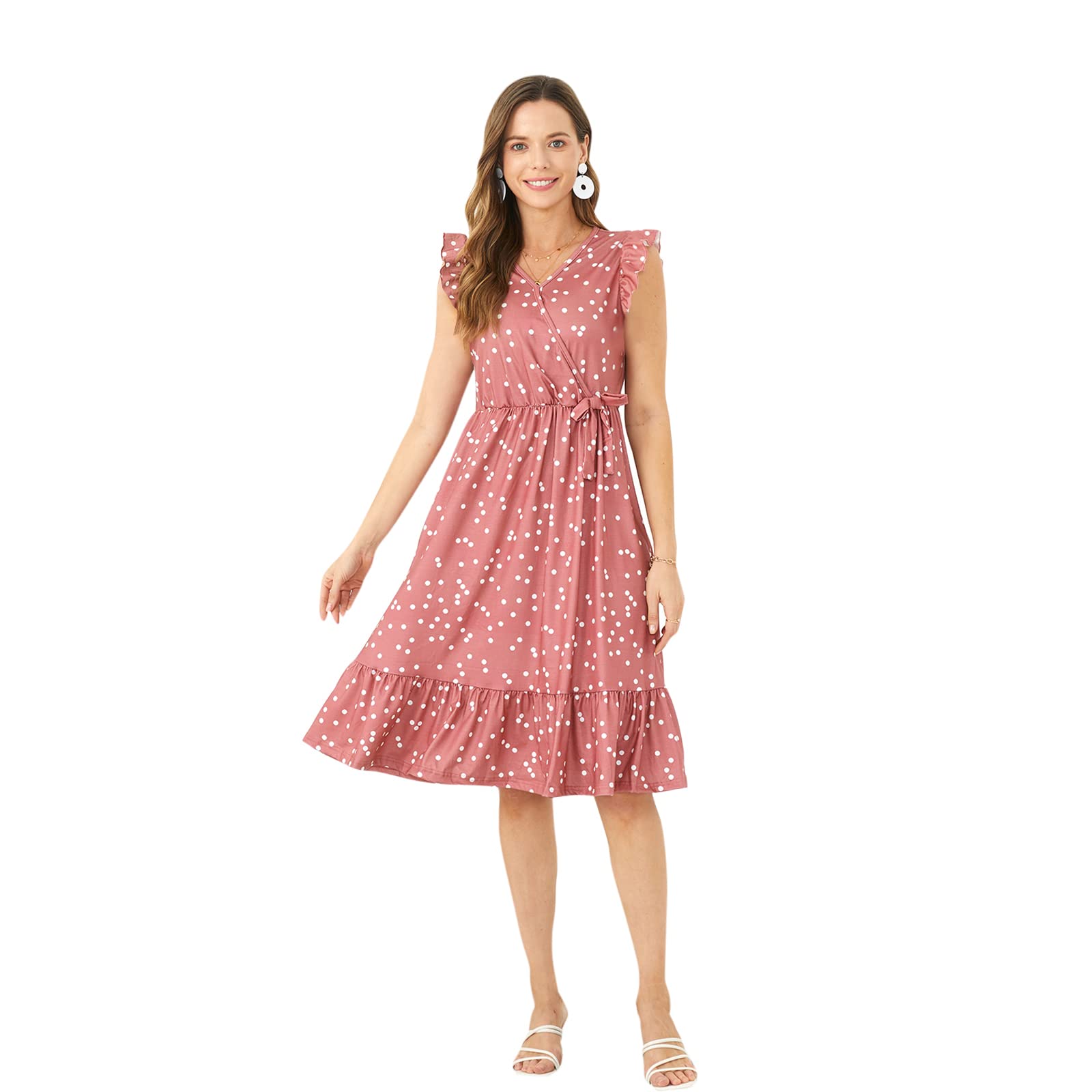 IFFEI Mommy and Me Dresses - Matching Pink Polka Dot Ruffle Flutter Sleeve Outfits for Mother and Daughter | Perfect for Family Photos, Birthday Parties & Special Occasions