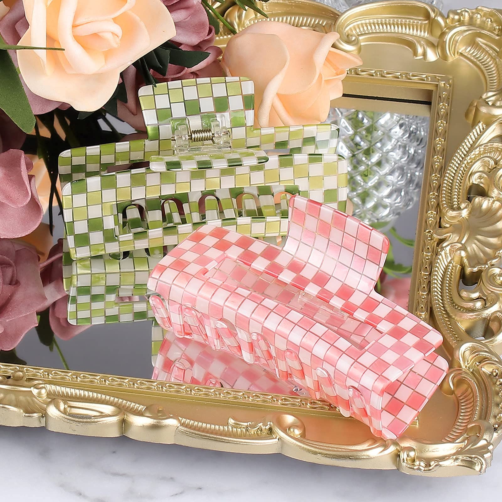 Large Checkered Claw Hair Clips for Thick Hair - 2pcs 4 Inch Rectangle Y2K Fashion Hair Accessories in Pink Green Checkerboard | Perfect for School, Parties and Everyday Styling