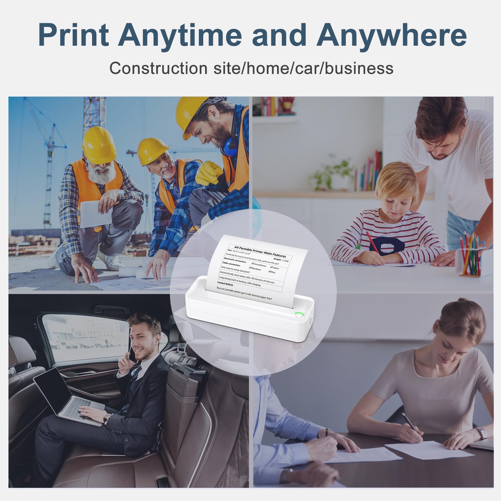 Wireless Portable Thermal Printer for Travel - Inkless Mobile Printer Compatible with iOS, Android & Laptop, Supports A4 Transfer Paper - Perfect for Home, School, Office & Vehicle Use