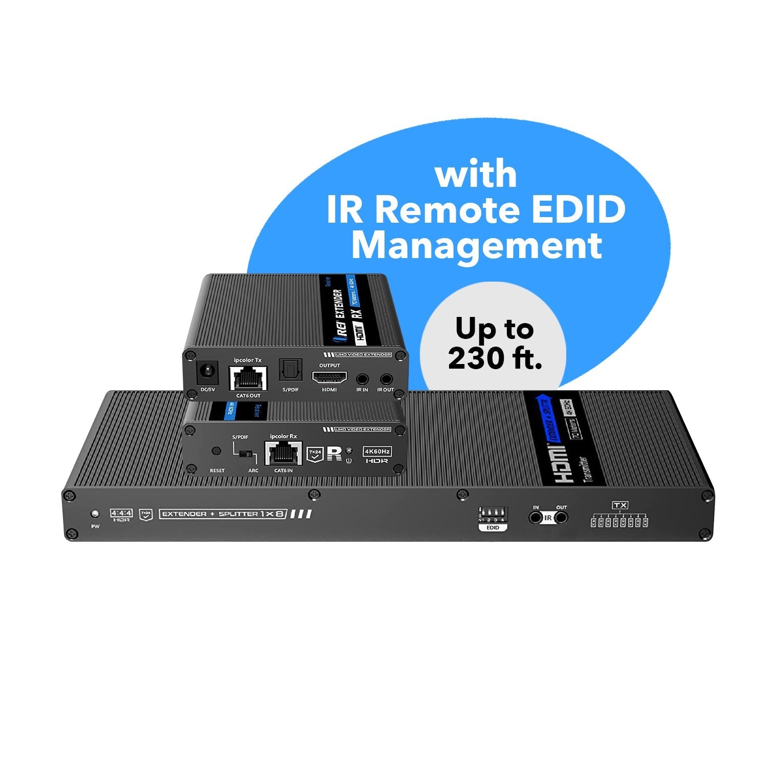 1x8 4K HDMI Extender Splitter Over Single CAT6/7 Cable - Up to 230 Feet, 18Gbps Bandwidth, Bi-Directional IR, RS-232 Control & EDID Management (UHD18 IPC230 K) - Perfect for Home Theater, Conference Rooms & Digital Signage