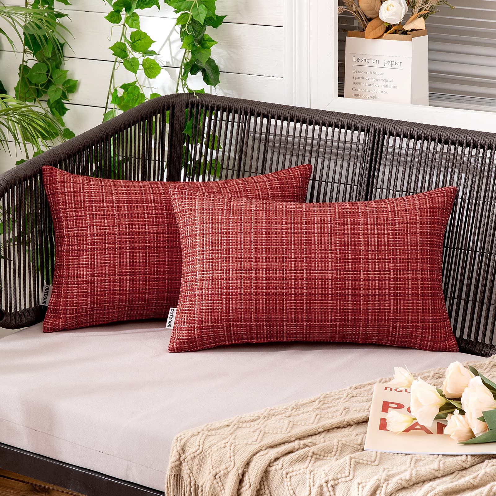 MIULEE Waterproof Outdoor Throw Pillow Covers 12x20 Inch - Farmhouse Decorative Cushion Covers for Patio, Garden, Tent, Sofa & Couch - Pack of 2 (Red) - Perfect for Outdoor Furniture, Camping & Home Decor