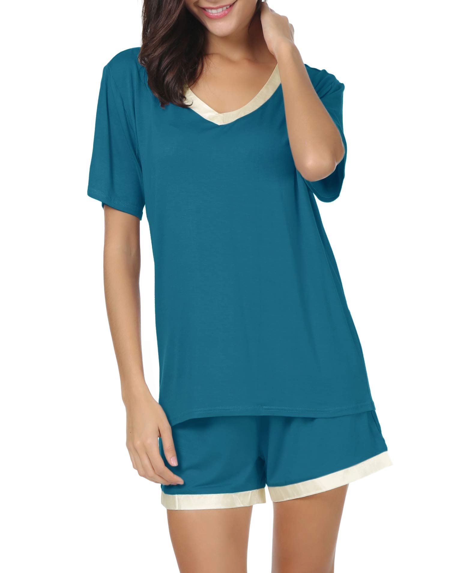 Invug Women's Short Sleeve V-Neck Pajama Set - Soft Sleepwear Nightwear with Comfortable Shorts for Lounge & Bedtime | Perfect for Relaxing at Home, Sleepovers, and Vacation Travel