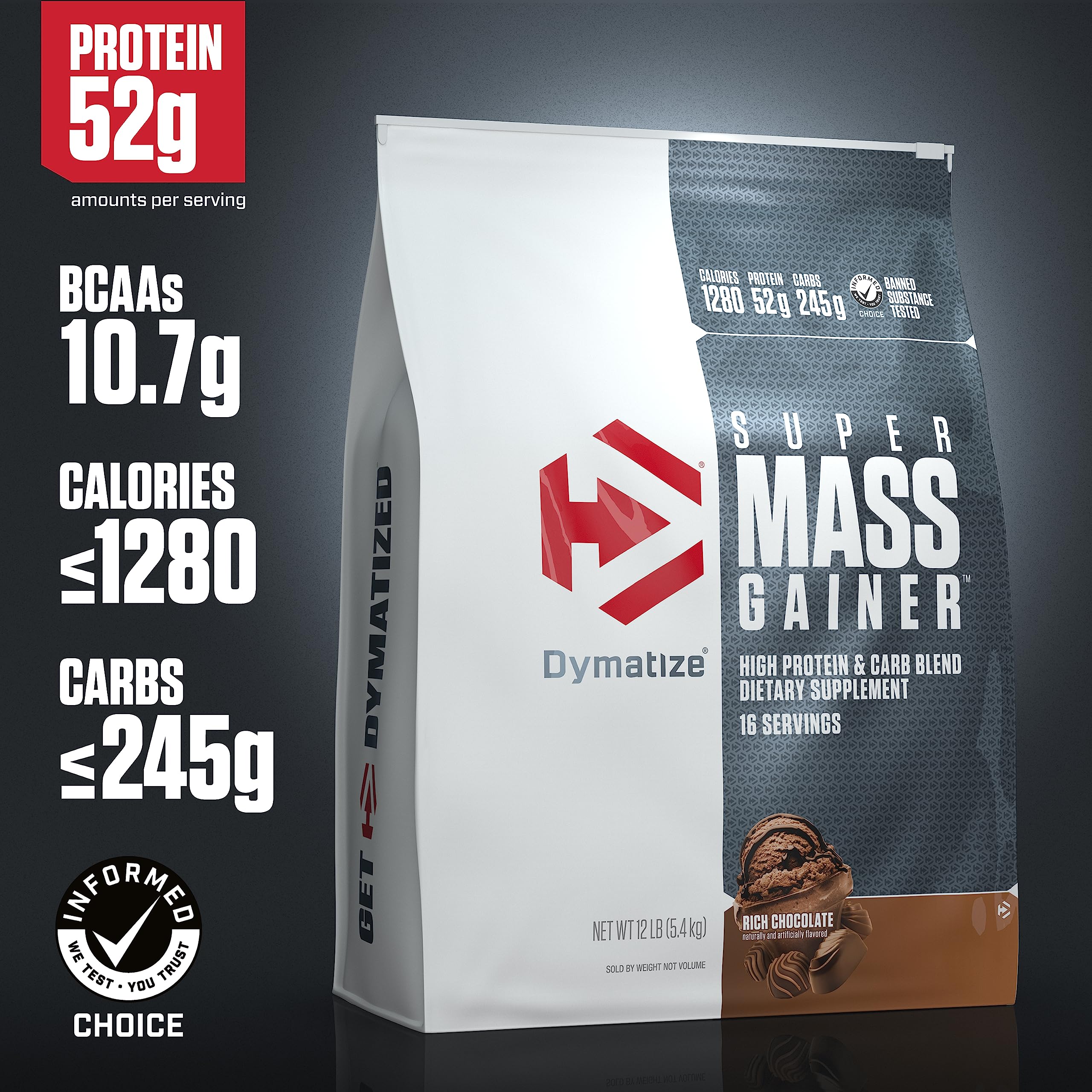 Dymatize Super Mass Gainer Protein Powder - Rich Chocolate Flavor | 52g Protein, 1g Creatine, 1280 Calories | Whey Protein, Isolate & Casein Blend | 10.7g BCAAs, 245g Carbs | 16 Servings | Ideal for Muscle Building, Weight Gain & Post-Workout Recovery