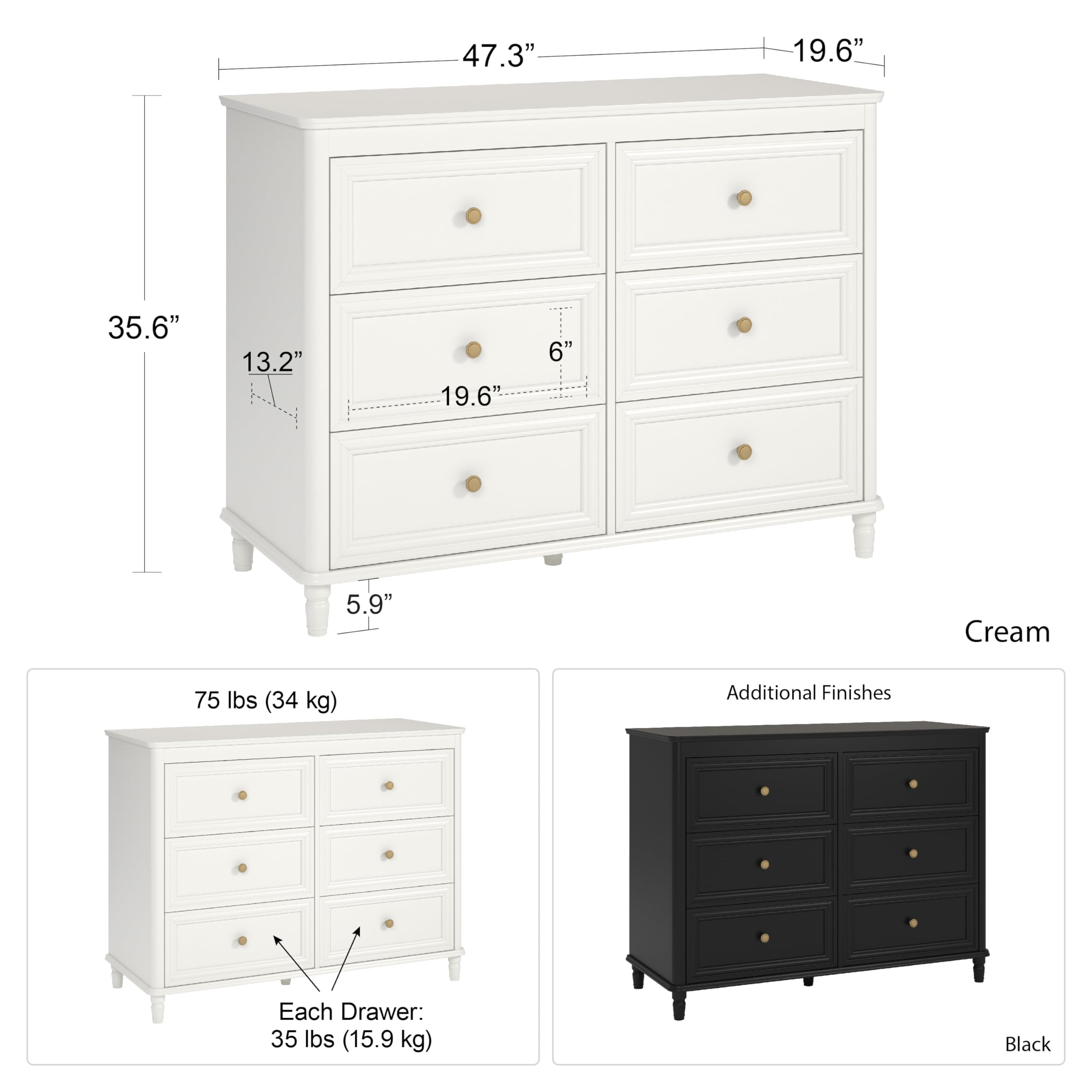 Little Seeds Piper 6-Drawer Dresser in Black - Stylish Kids' Bedroom Furniture for Storage & Organization