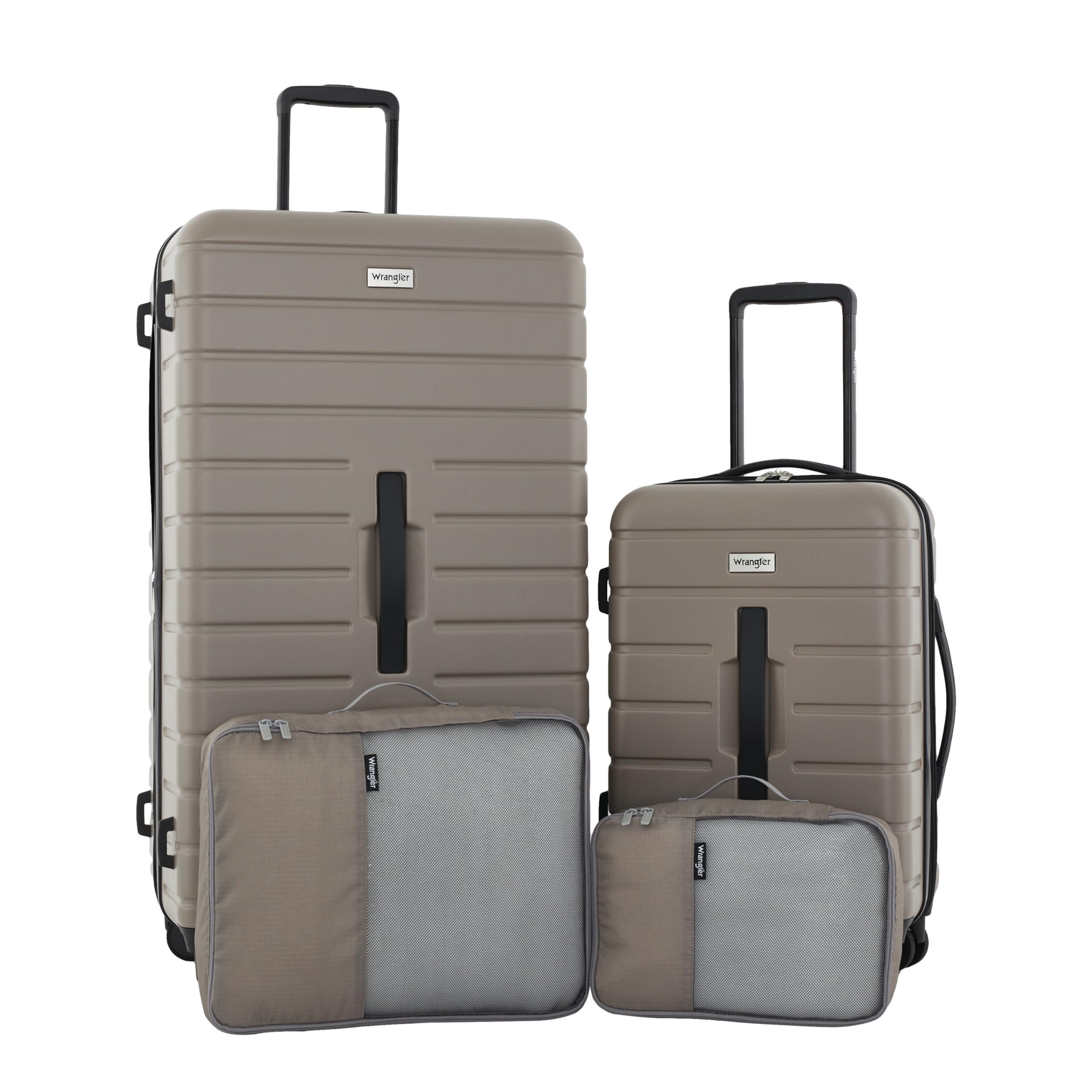 Wrangler Tall Trunk Luggage 4 Piece Set - Durable Expandable Suitcase with Wheels for Travel, Desert Taupe | Perfect for Airplane Carry-On, Business Trips & Family Vacations