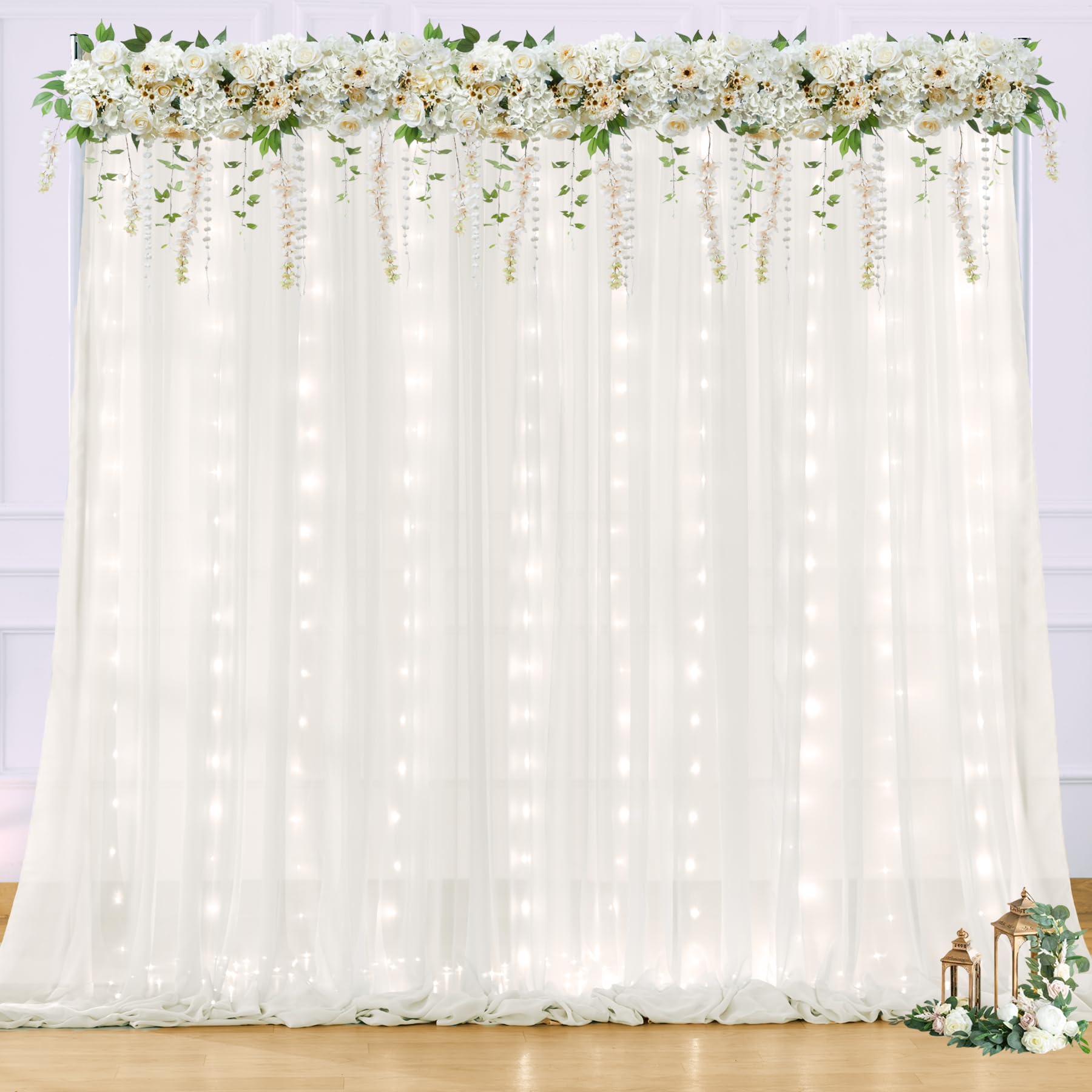 10x10ft Cream White Chiffon Backdrop with Fairy Lights - Elegant Wedding Decor, Baby Shower, Bridal Shower, Birthday Party & Reception Photo Backdrop - Perfect for Indoor/Outdoor Events & Photography Studio Background