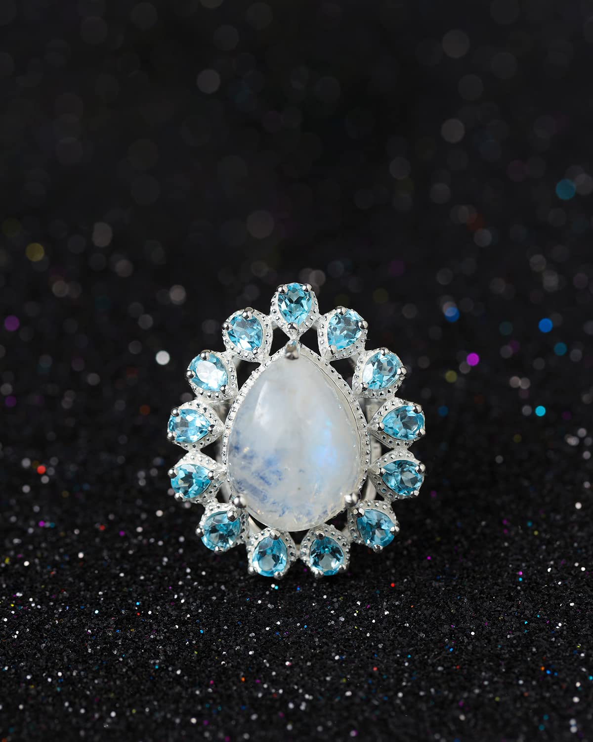 YoTreasure 925 Sterling Silver Pear Shaped Gemstone Engagement Ring for Women - Larimar, Turquoise, Moonstone, Blue Topaz, Rose Quartz & Rhodolite Garnet | Perfect for Weddings, Anniversaries & Special Occasions