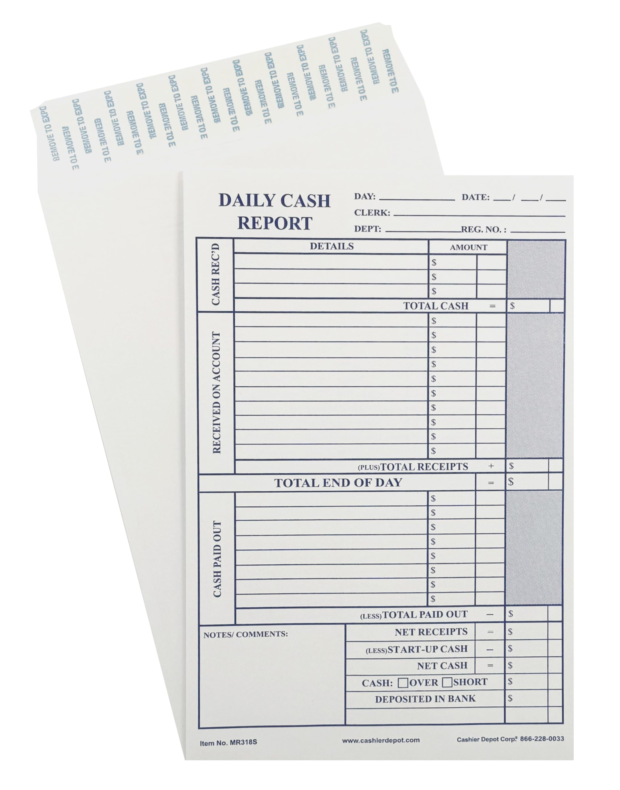 1000 Premium Cashier Depot MR318S Daily Cash Report Envelopes - 6