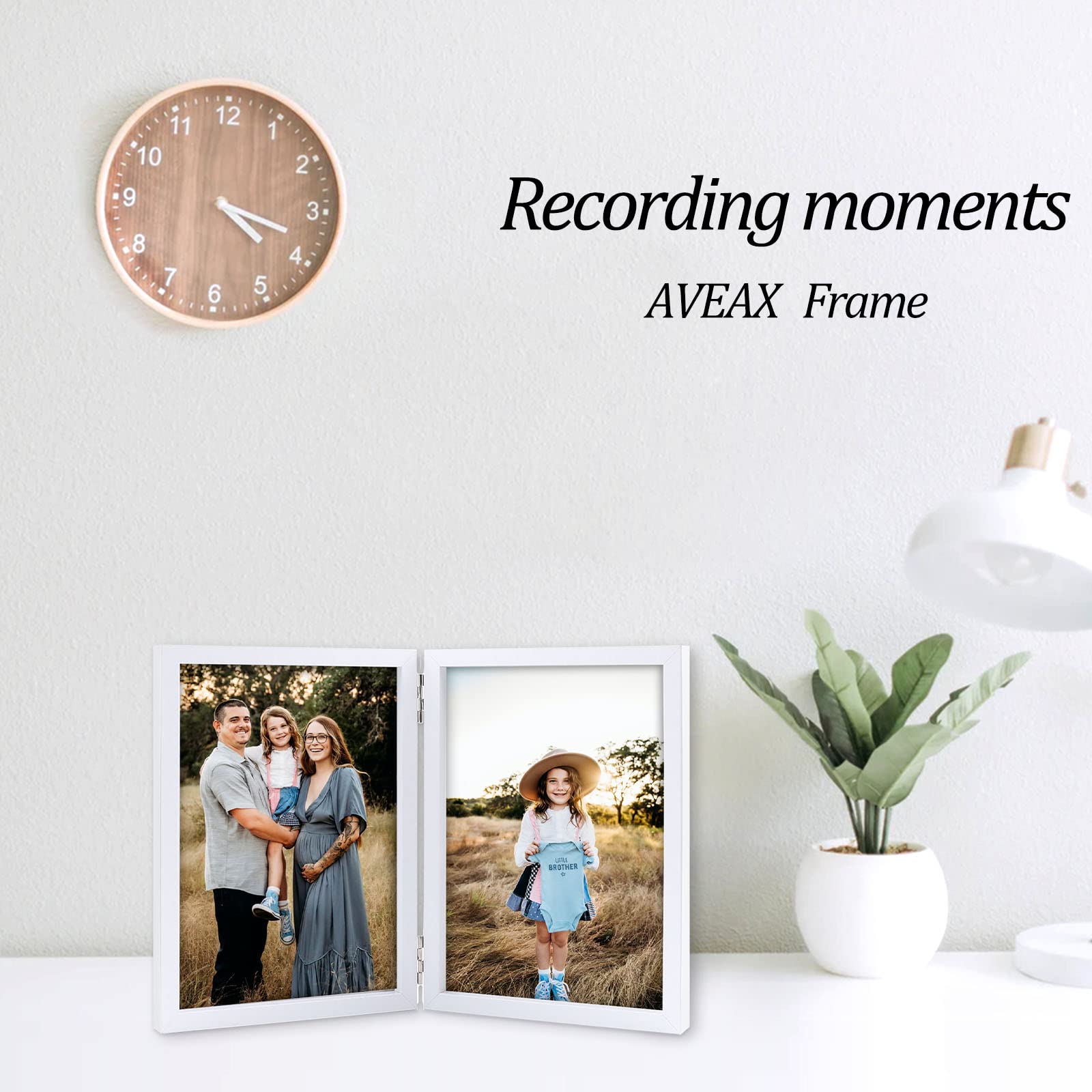 AVEAX Double 4x6 Picture Frame - Hinged Folding Photo Frame with Glass Front - Vertical Desktop Display for Family Photos, Wedding Pictures & Home Decor - White