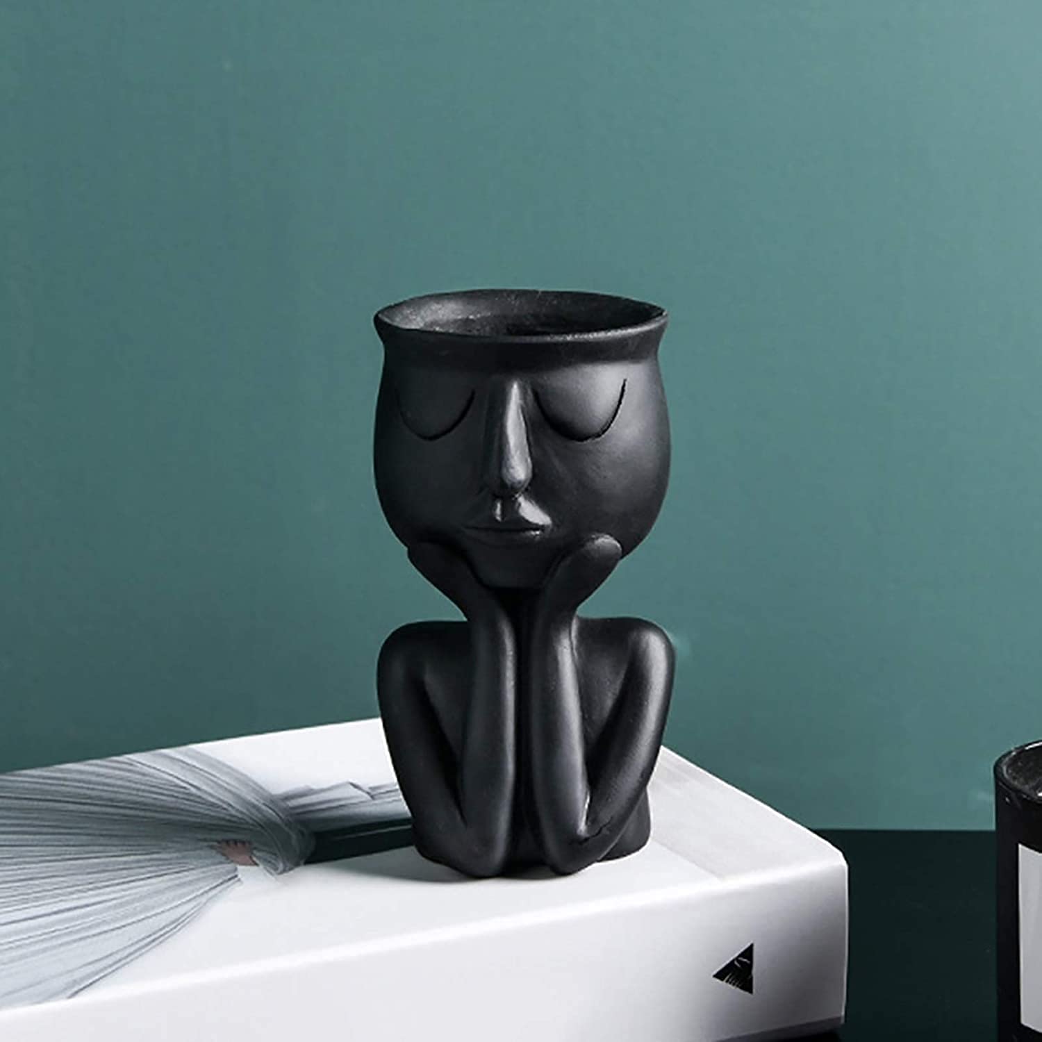 Modern Human Face Design Flower Pots & Planters with Stand - Indoor/Outdoor Decorative Plant Vases for Home Garden, Office Decor (Black)
