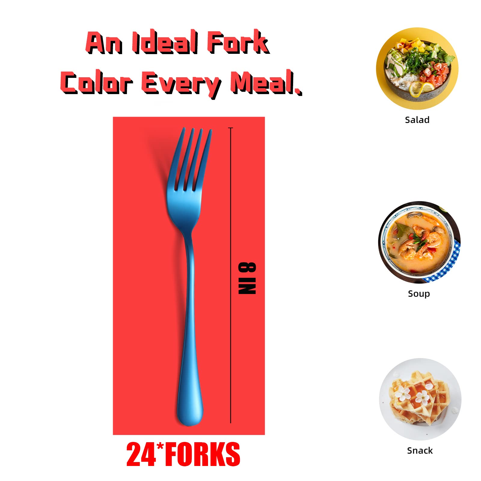 24-Piece Blue Stainless Steel Dinner Forks Set - 8 Inch Food Grade Silverware for Home, Kitchen & Restaurant Use - Durable Salad Forks for Everyday Dining, Parties & Catering Events (Hand Wash Recommended)