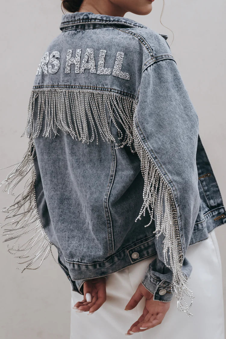 Sparkly Rhinestone Fringe Denim Jacket for Women - Stylish Party & Night Out Outfit - Perfect for Concerts, Clubs, and Special Events