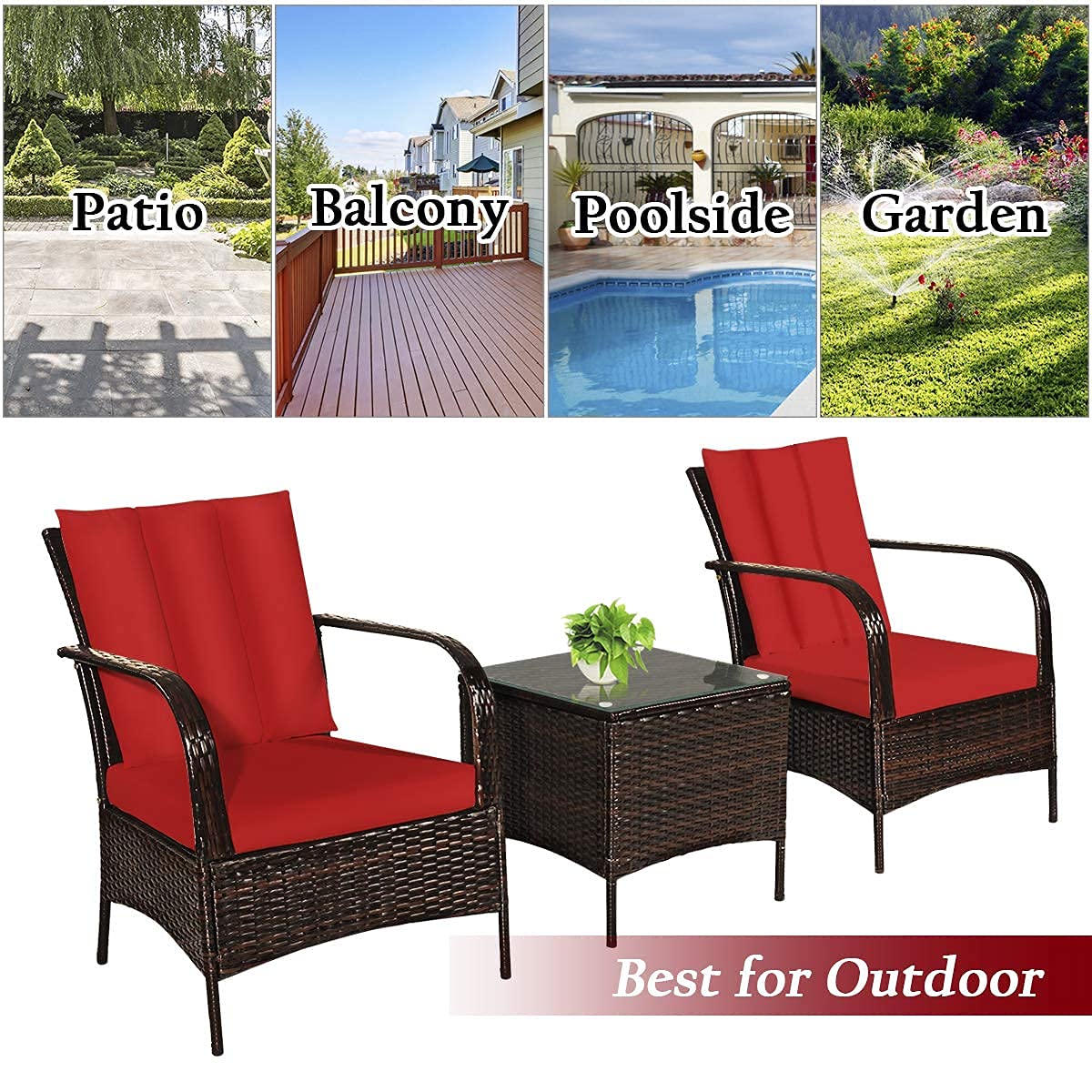 Tangkula 3-Piece Outdoor Patio Furniture Set - 2 Rattan Wicker Chairs with Tempered Glass Coffee Table - Weather-Resistant Garden, Porch, Poolside Conversation Set for Backyard, Deck, and Outdoor Relaxation
