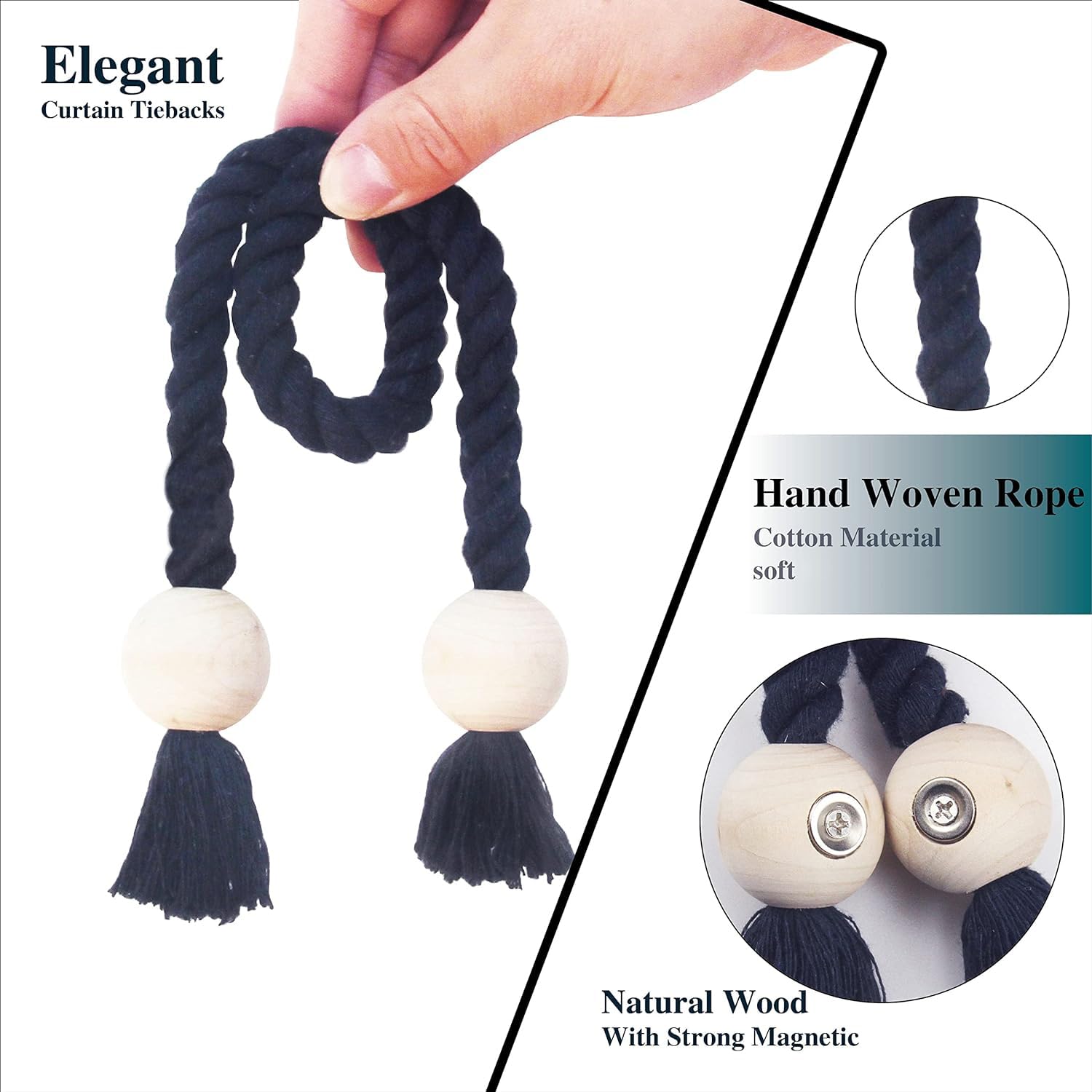 4 Pack Navy Blue Magnetic Curtain Tie Backs - Hand Woven Cotton Decorative Rope Holdbacks for Drapes & Curtains, No Tools Required - Perfect for Living Room, Bedroom & Window Decor
