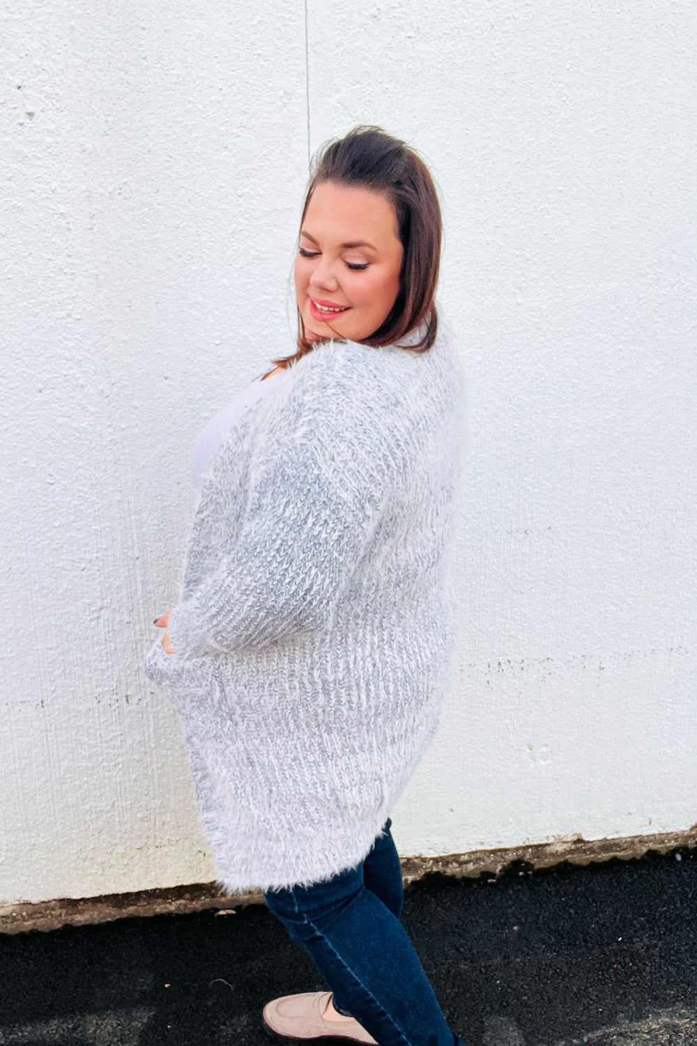 Leading Lady Slate Blue Two-Tone Fuzzy Soft Brushed Cardigan Sweater - Cozy Winter Wear for Women, Perfect for Office, Lounge & Casual Outings