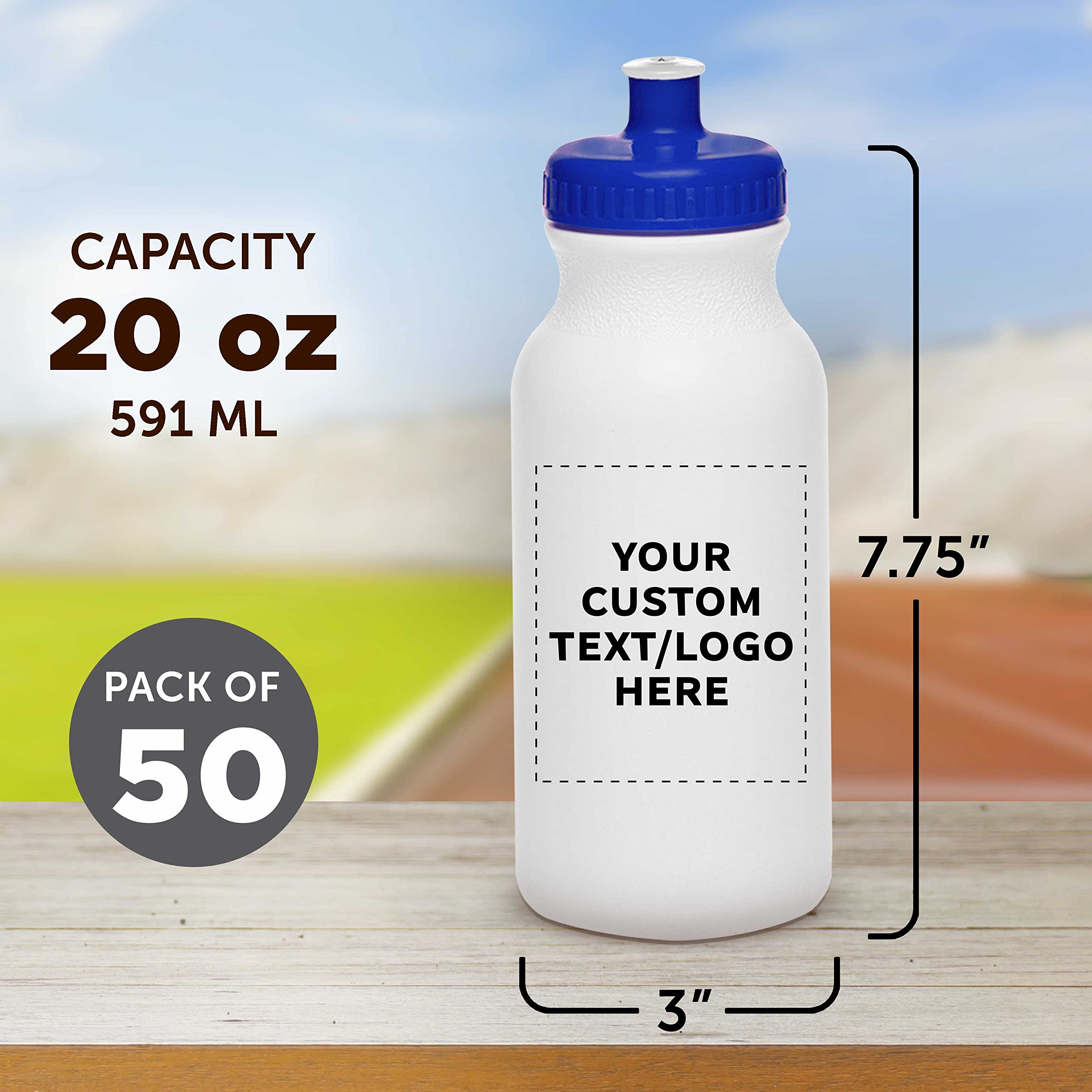 Custom White Water Bottles with Push Cap - 50 Pack, Personalized Text & Logo, 20oz BPA-Free Reusable Squeeze Bottles in Bulk (White/Blue) - Perfect for Promotions, Events, Gyms & Outdoor Activities