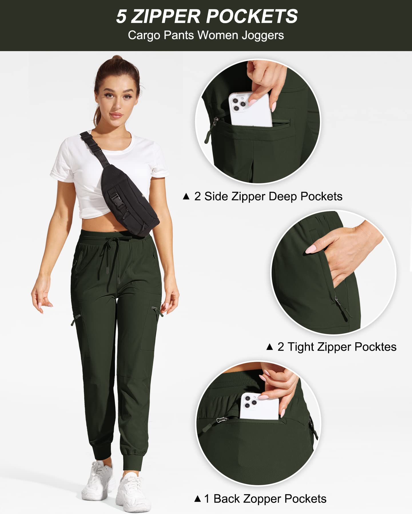 Women's Cargo Joggers - Lightweight Quick-Dry Hiking Pants with Zipper Pockets | Water-Resistant Travel & Casual Pants for Outdoor Adventures, Gym & Everyday Wear