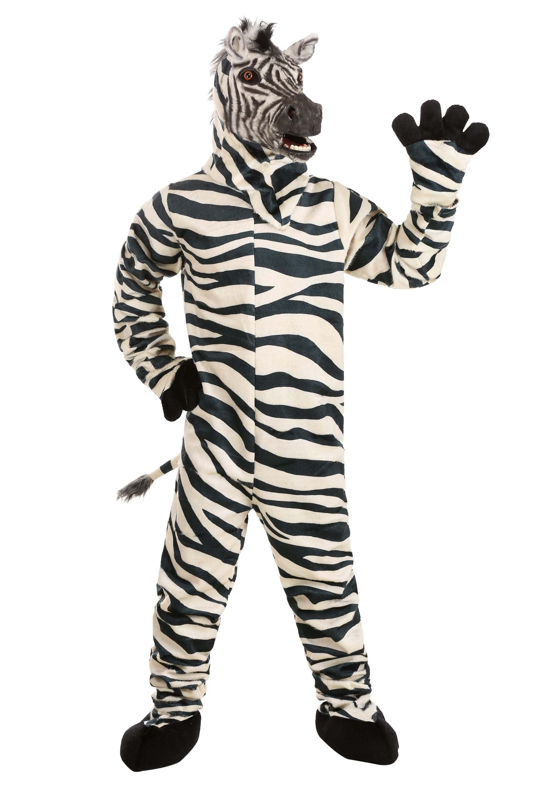 Elope Zebra Mascot Costume Set for Adults - Full Body Jumpsuit, Realistic Mask with Mouth Movement, Faux Fur Mitts & Slippers | Perfect for Halloween, Cosplay, Themed Parties, and Mascot Performances