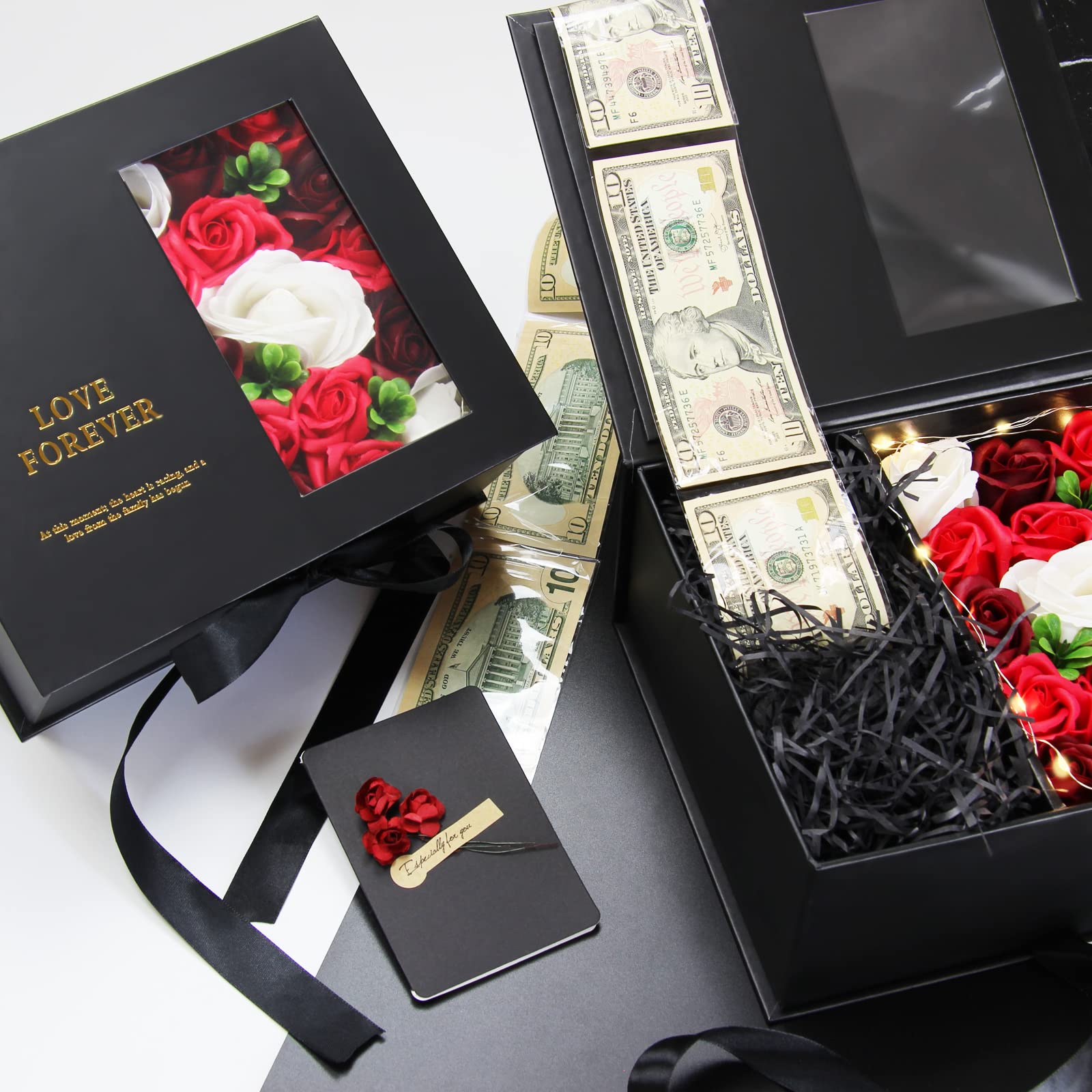 Luxury Money Pull Out Gift Box with Flowers & Ribbon - Elegant Cash Present Box for Birthday, Anniversary, Wedding - Perfect Gift for Wife, Girlfriend, Mother, Friend - Great for Surprise Parties & Special Occasions