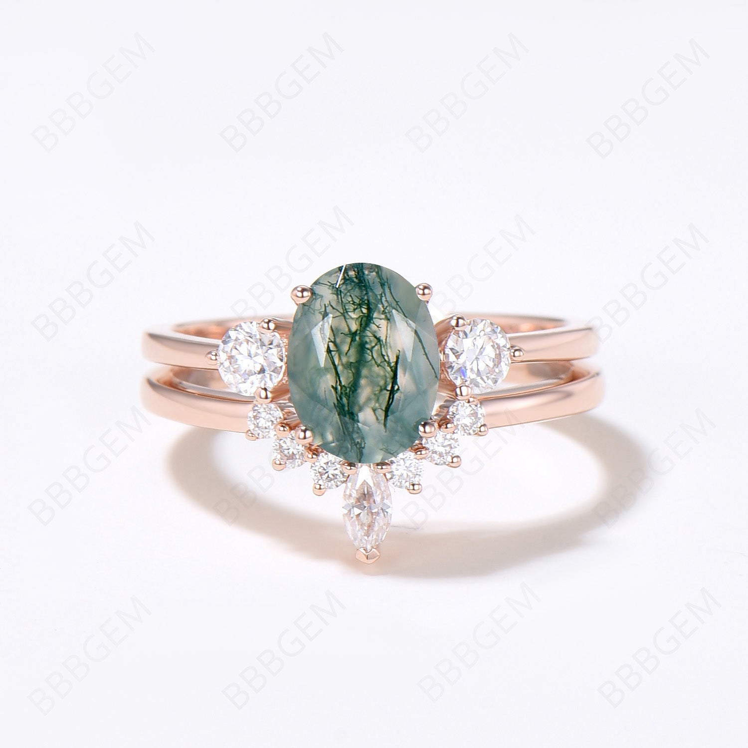 14K Gold Moss Agate Engagement Ring Set for Women - Elegant Bridal Wedding Band, Perfect for Proposals, Anniversaries & Special Occasions