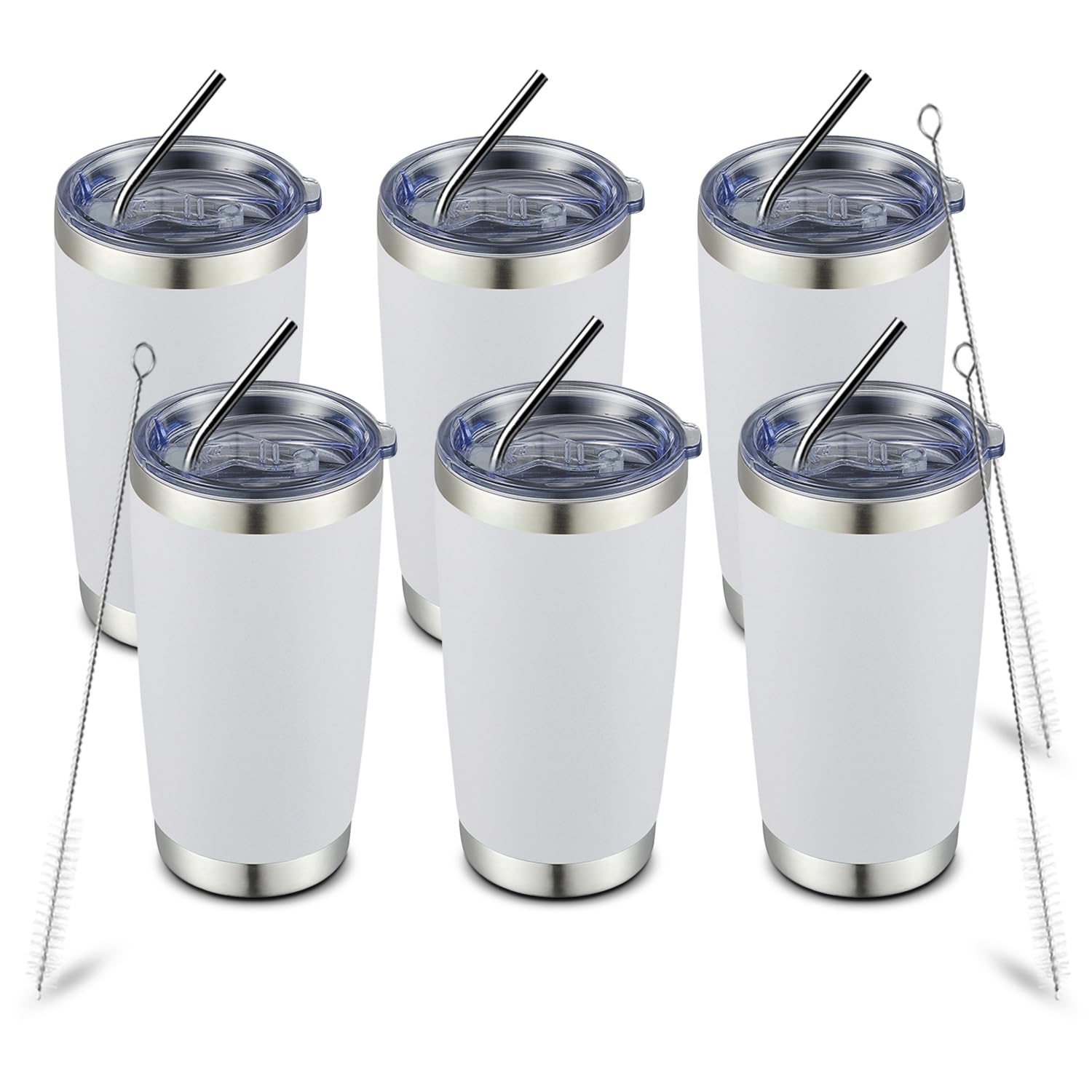 COMOOO 20oz Stainless Steel Tumbler - Double Wall Vacuum Insulated Coffee Travel Mug with Lid & Straw - Powder Coated for Hot & Cold Drinks - Bulk 6 Pack (White) - Perfect for Office, Gym, Camping & Outdoor Activities