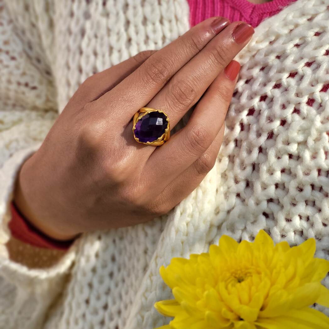 Natural Amethyst Healing Ring for Stress Relief & Positive Energy - Spiritual Jewelry for Meditation, Yoga & Daily Wear