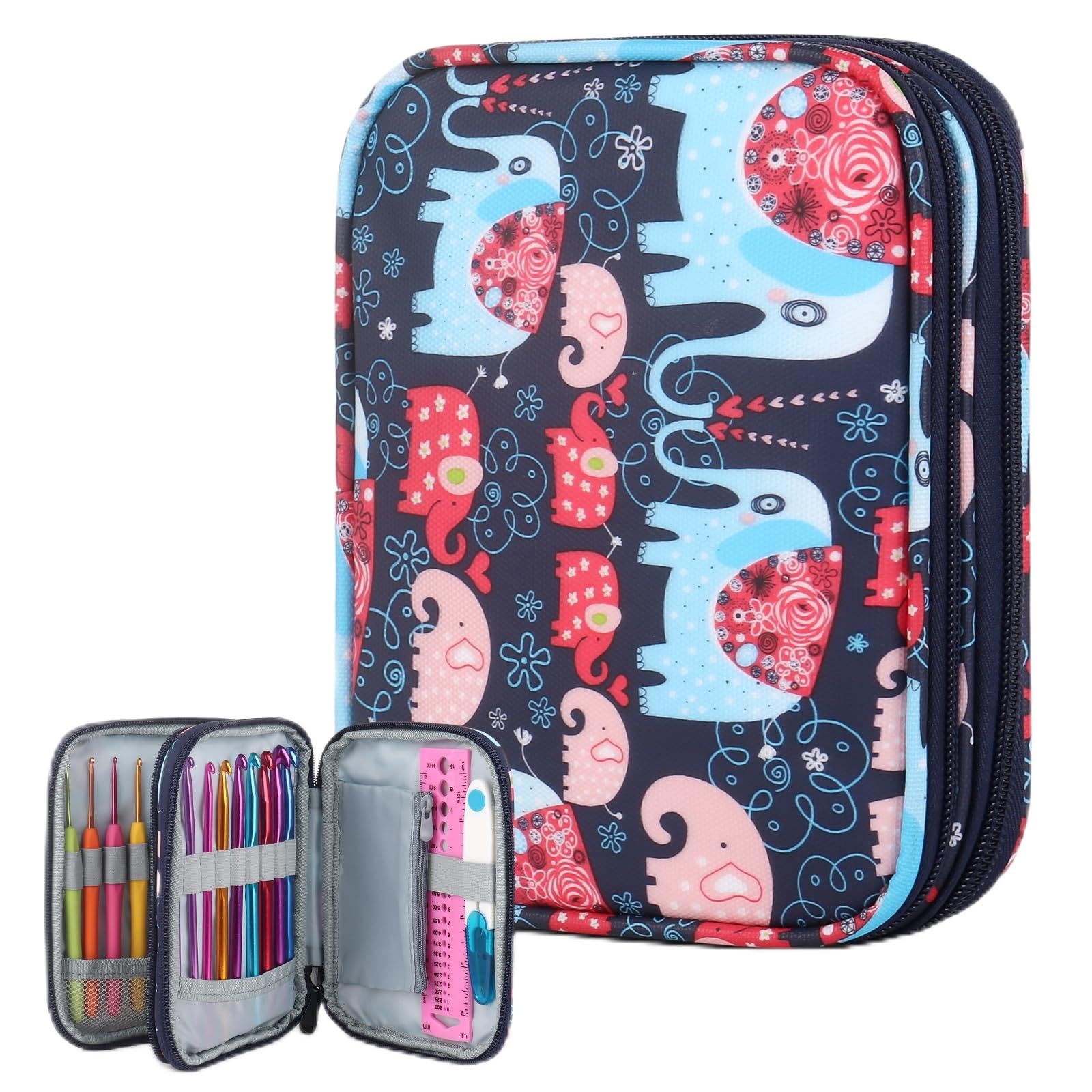 Portable Travel Crochet Storage Bag Organizer with Zipper, Web Pocket & Crochet Holder Slots - Elephant Pattern Knitting Accessories Case for Yarn, Hooks & Needles | Perfect for Crafters, On-the-Go Knitting & DIY Projects