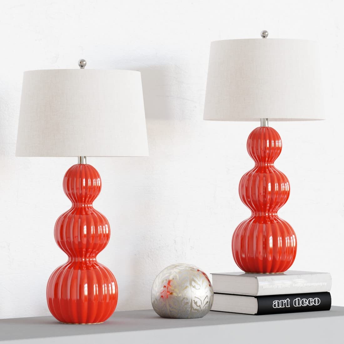 Maxax Ceramic Table Lamps Set of 2 - Red Nightstand Lamps with White Drum Shade for Bedroom, Living Room & Office Decor | Perfect for Bedside, Desk, Coffee Table and Bookcase Lighting