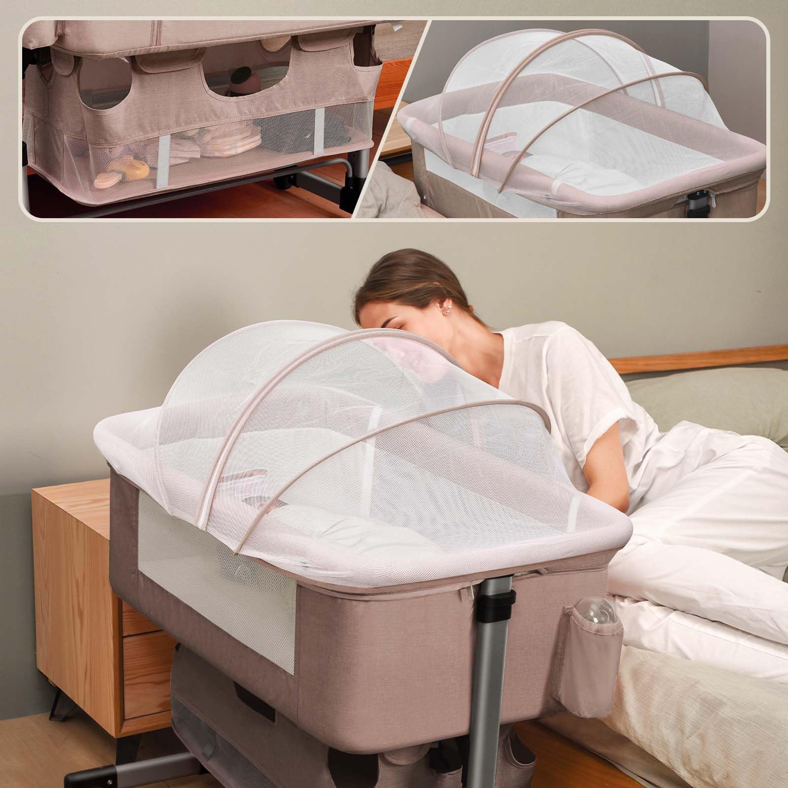 3-in-1 Adjustable Portable Baby Crib & Bassinet for Newborns - Convertible Bedside Sleeper with Breathable Mesh - Perfect for Nursery, Co-Sleeping & Travel (Khaki)