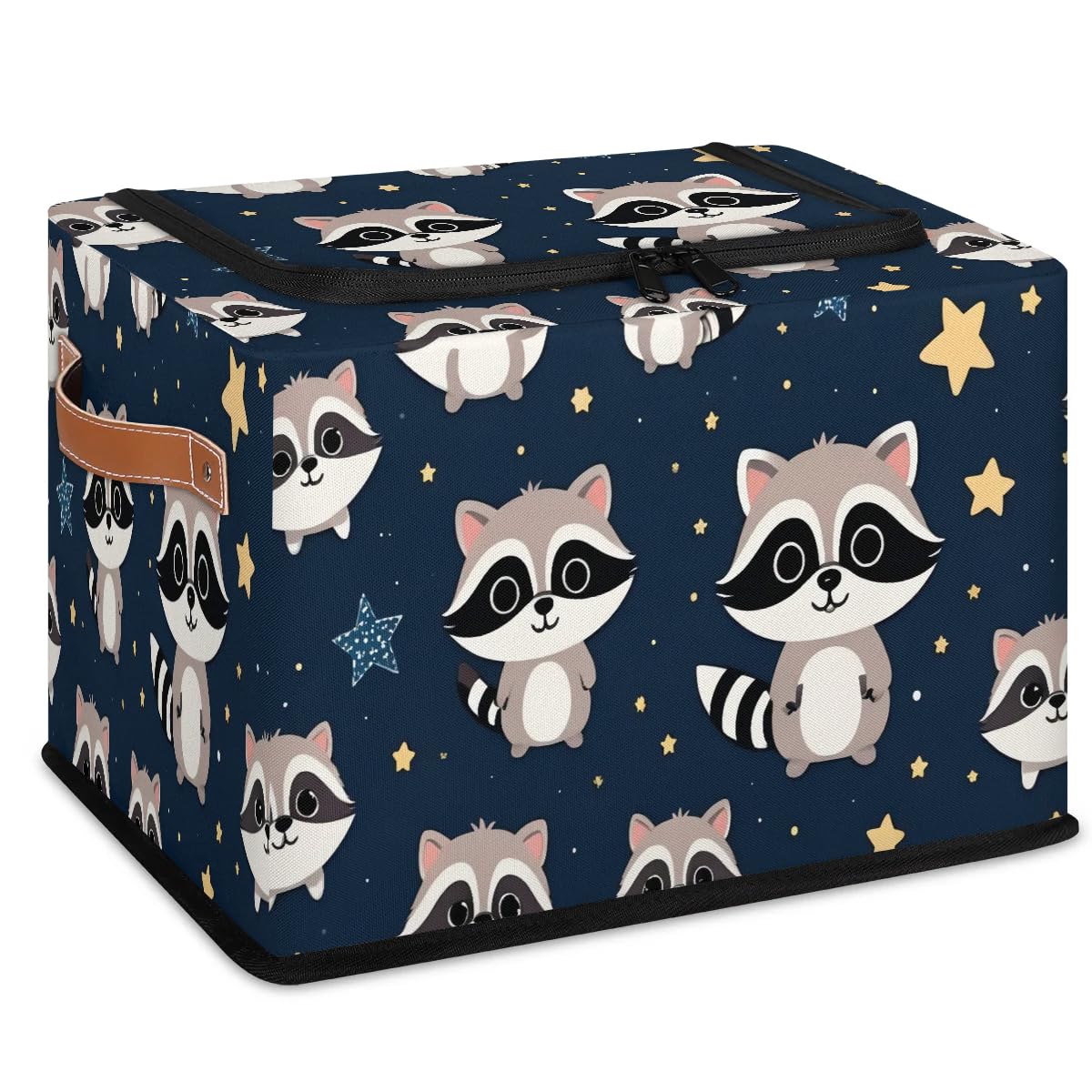 Cute Raccoon Fabric Storage Bins with Lid & Leather Handle - Foldable Washable Closet Organizer for Clothes, Toys, or Blankets (2-Pack) - Perfect for Bedroom, Nursery, or Office Organization