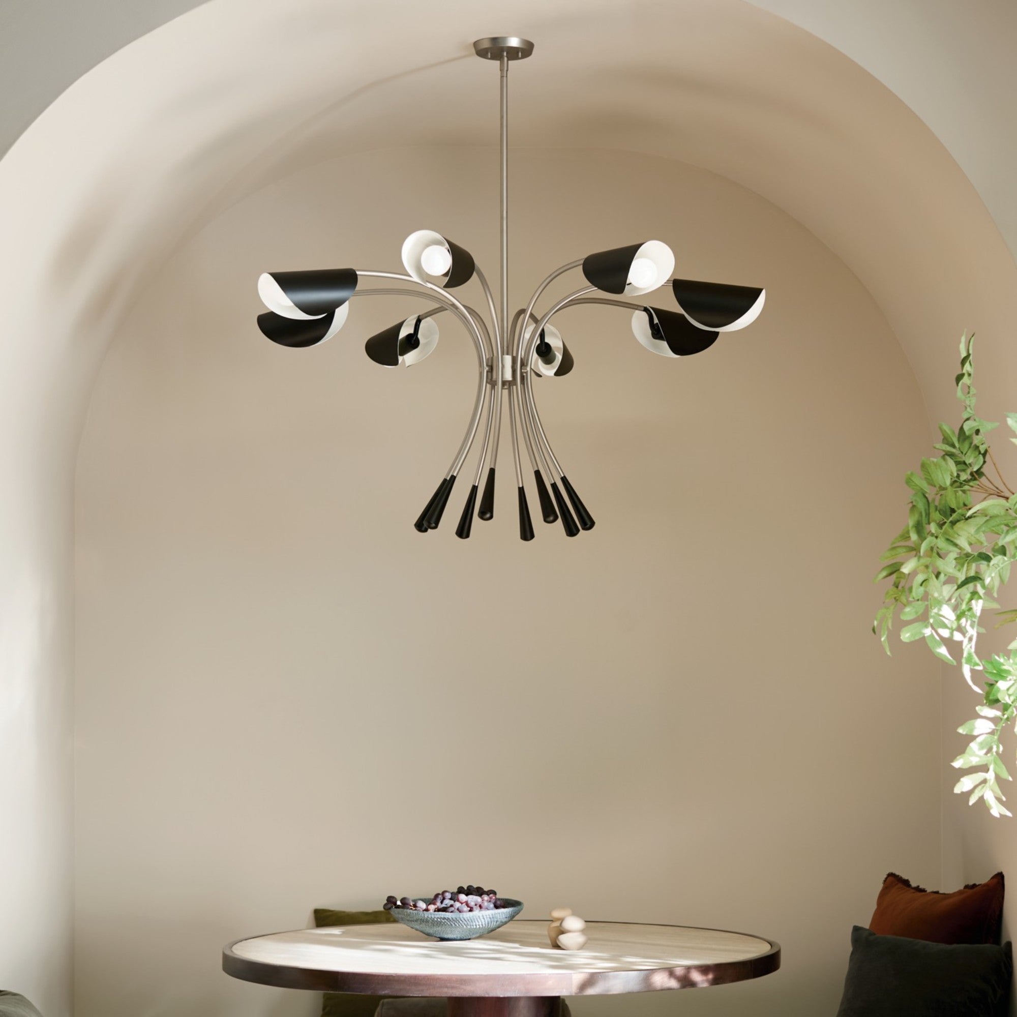 Arcus 46-Inch 8-Light Chandelier with Black Shade - Satin Nickel Finish | Elegant Dining Room & Bedroom Lighting Fixture