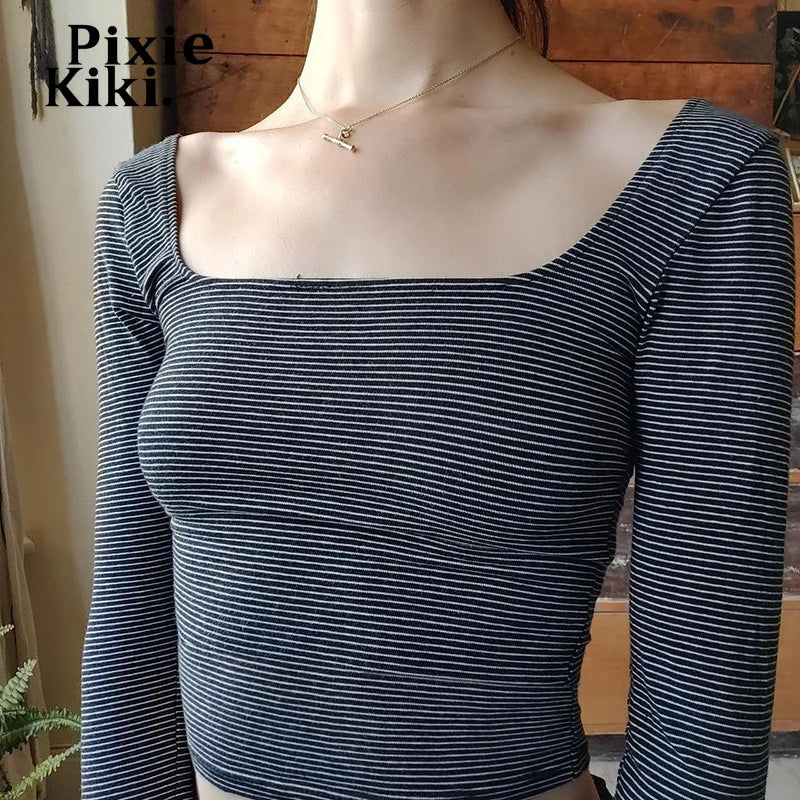 Black and White Striped Square Neck Backless Long Sleeve T-Shirt for Women | Y2K 2000s Vintage Fashion | Fall 2024 Trendy Top | Perfect for Casual Outings, Parties, and Retro Fashion Looks