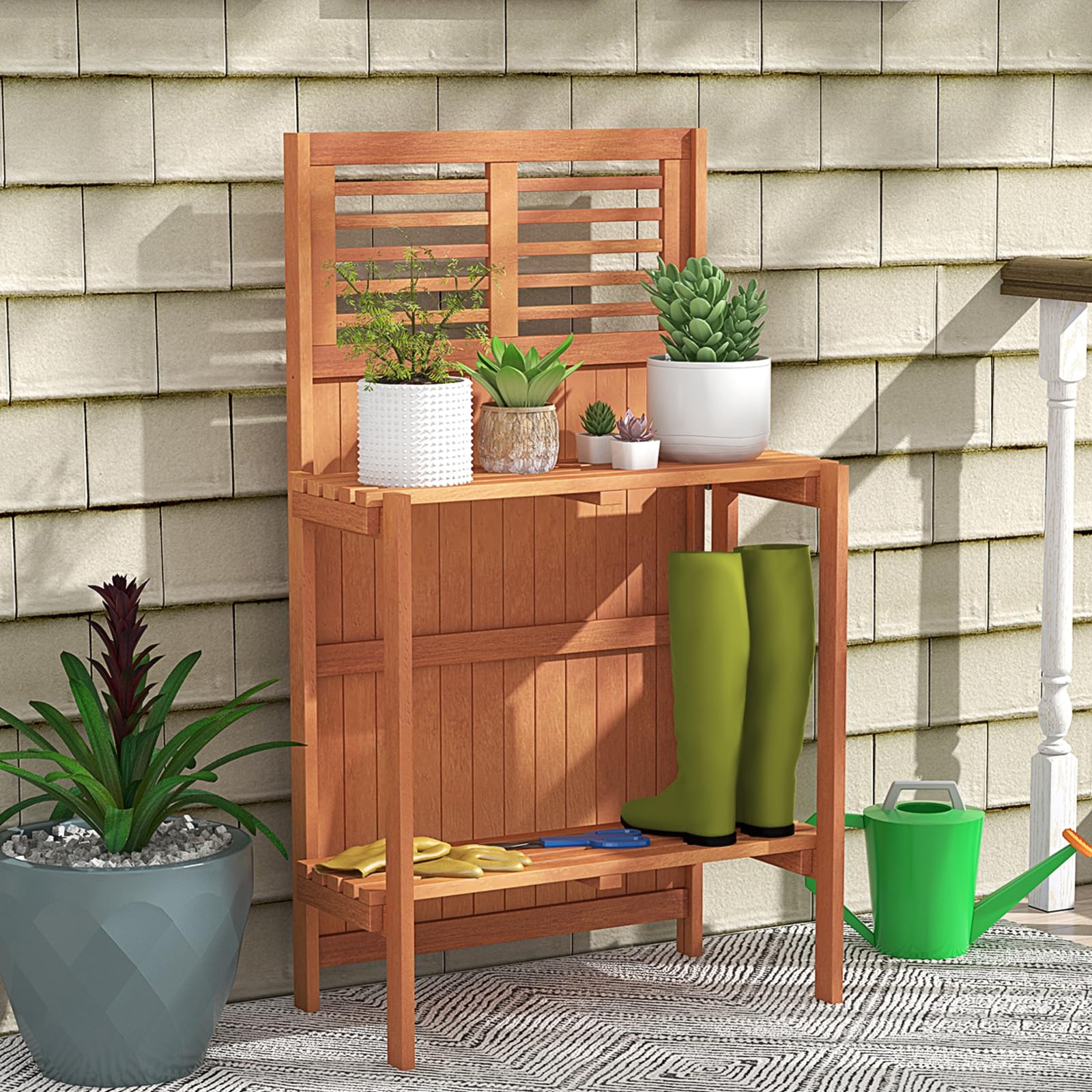 Folding Potting Bench with Trellis & 2-Tier Shelves - Sturdy Wooden Garden Workstation for Planting, Potting & Organizing - Perfect for Outdoor, Deck, Balcony, Backyard & Gardening Enthusiasts