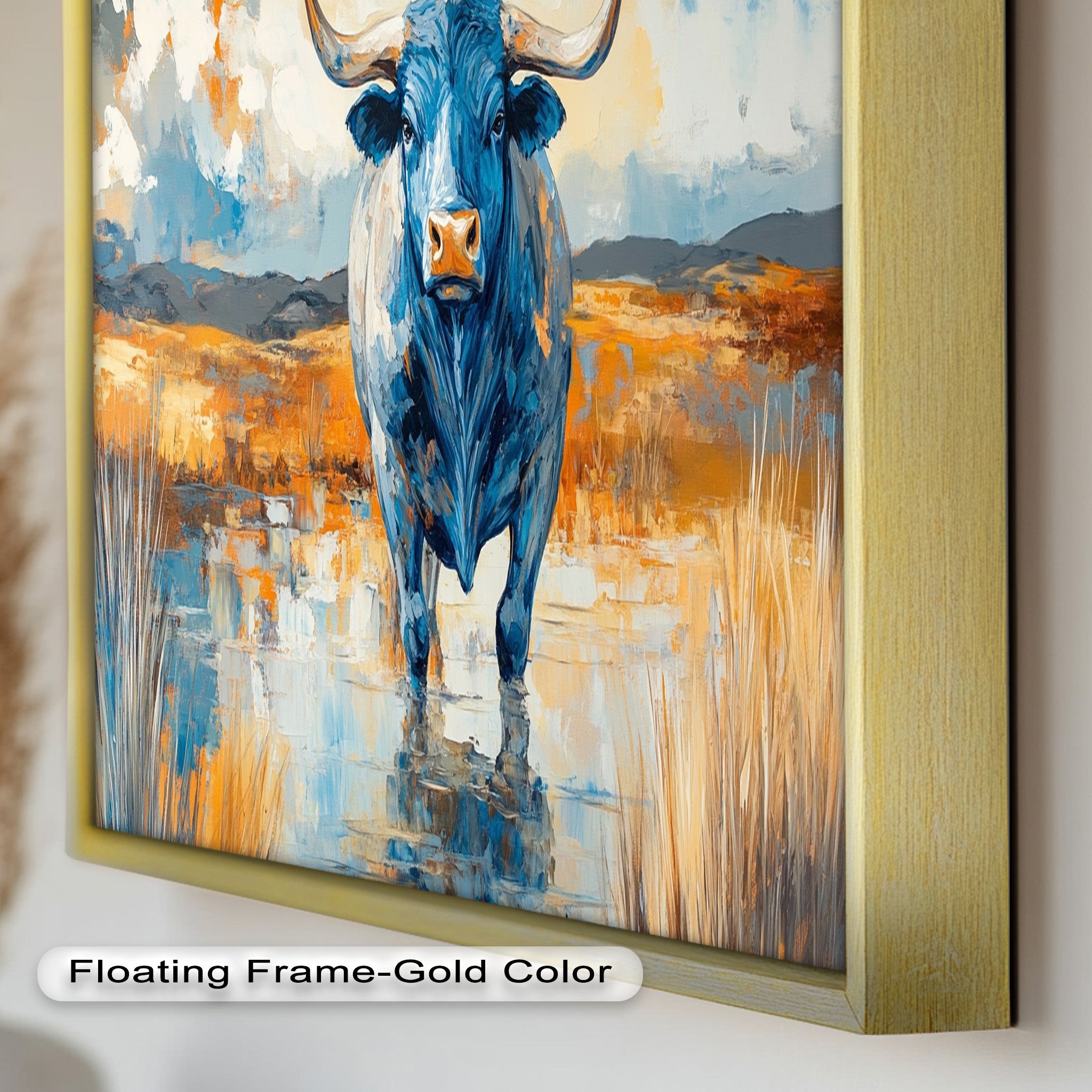 Blue Desert Bull - Hand Painted Animal Oil Canvas Artwork | Western Wildlife Decor for Living Room, Bedroom & Office