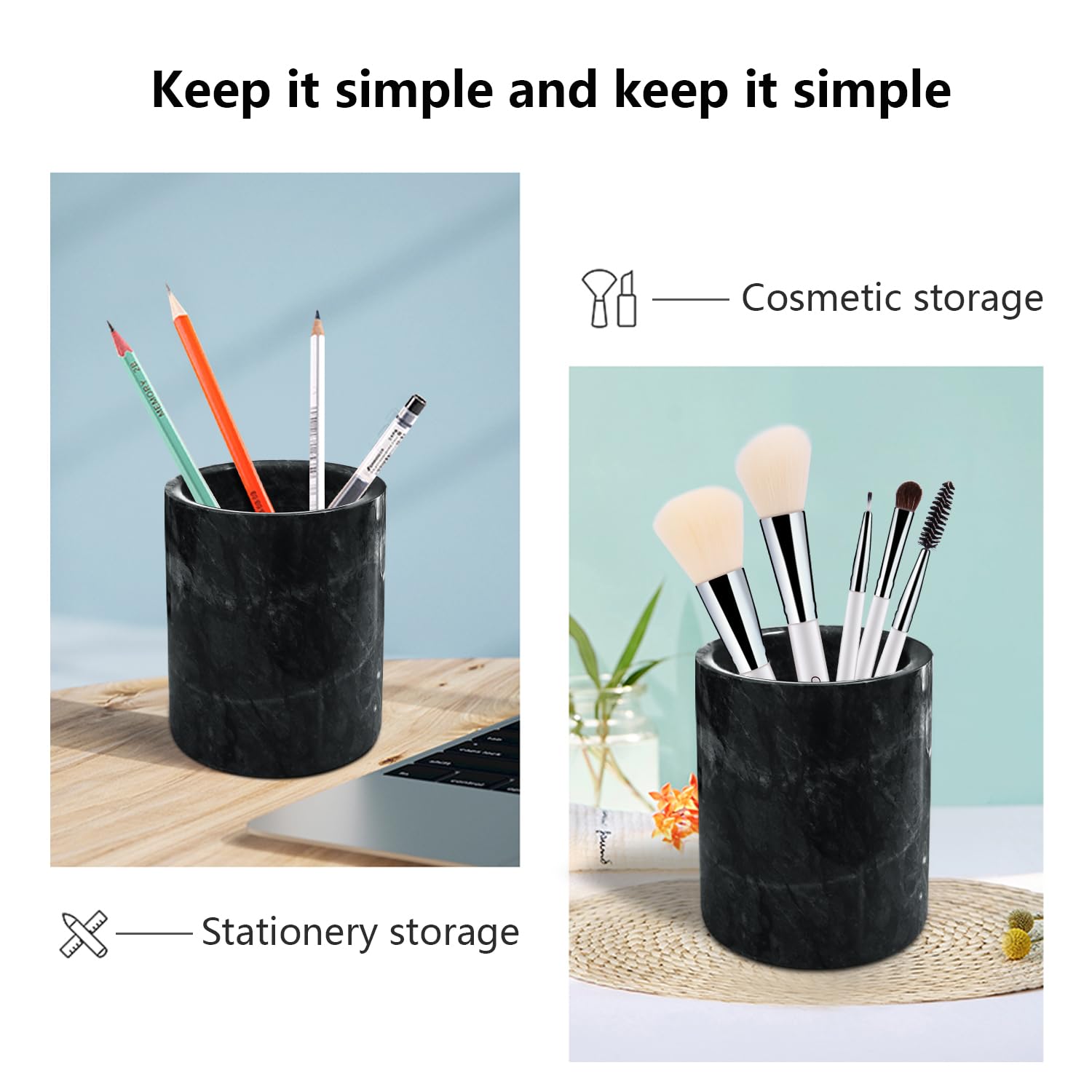 Marble Pencil Holder & Makeup Brush Organizer - Elegant Desk Accessory for Home & Office, Durable Marble Pattern Cup for Kids & Adults (Black) - Perfect Gift for Students, Artists & Professionals
