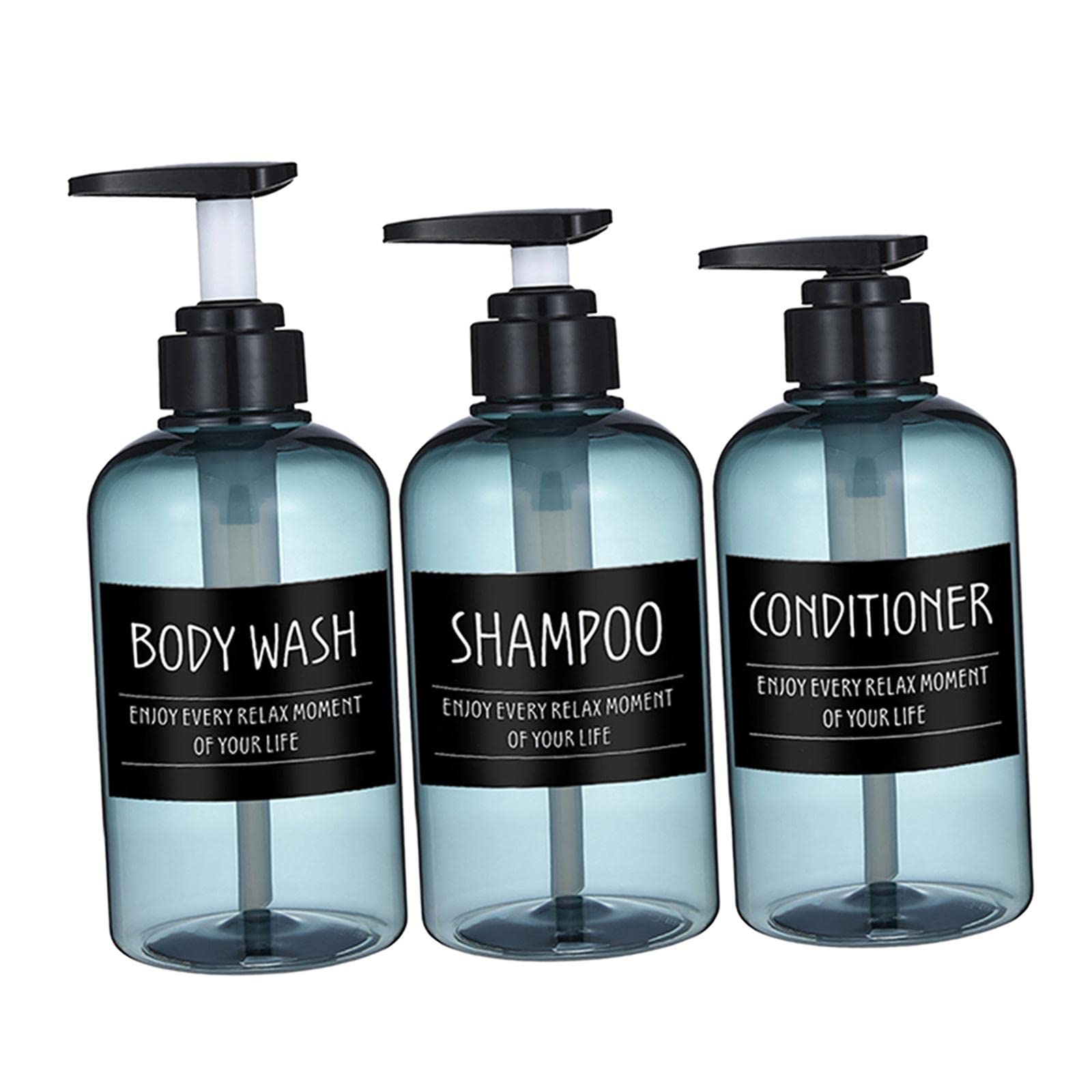 3PC Refillable Shampoo Dispenser Pump Bottles - 300ml Empty Soap Dispenser for Shampoo, Conditioner & Body Wash with Labels (Blue-Black) - Perfect for Bathroom, Shower & Travel Organizer