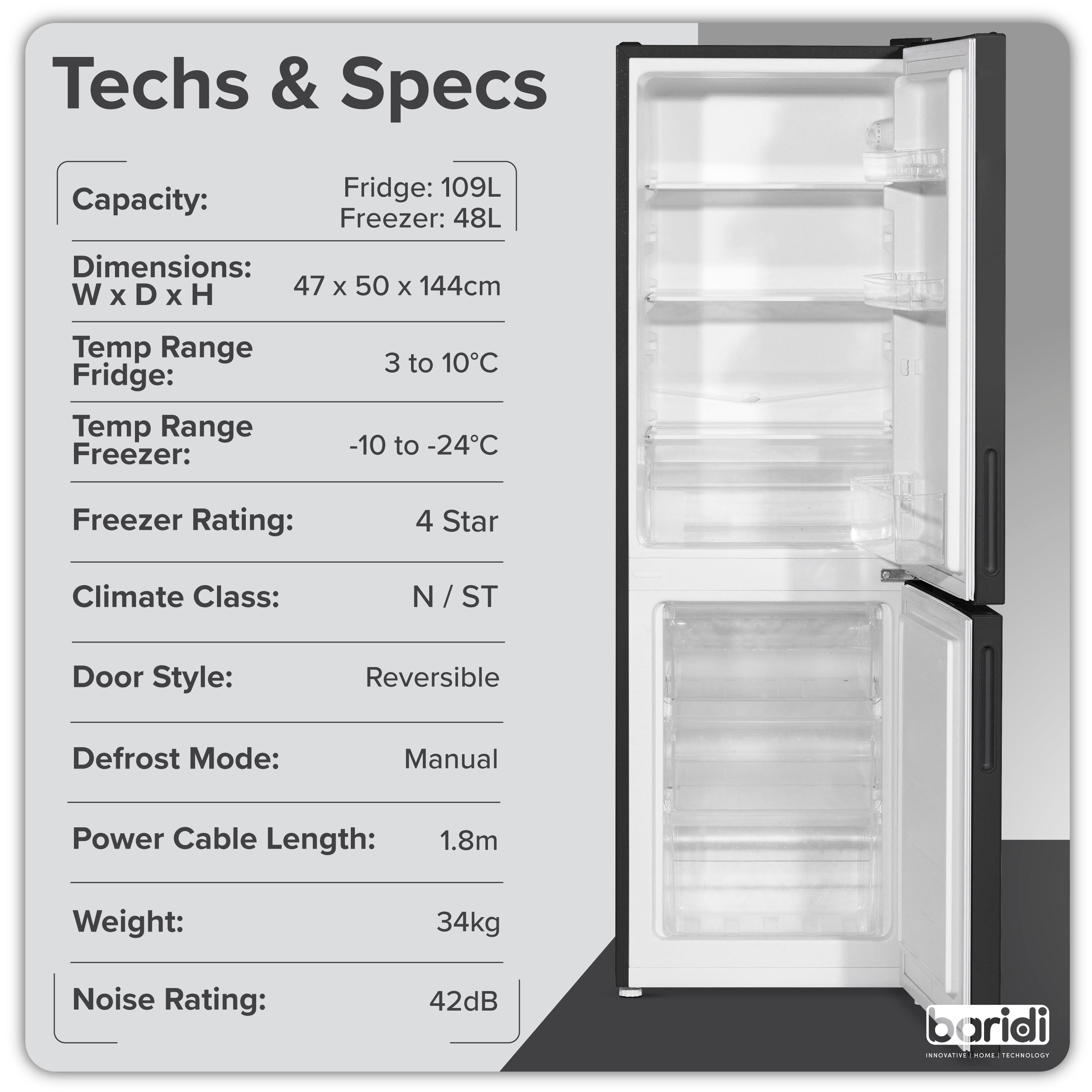 Baridi 47cm 70/30 Fridge Freezer - 157L Capacity, Low Frost Technology, 4 Star Energy Rating, Black (DH253) - Perfect for Small Apartments, Dorms & Office Break Rooms