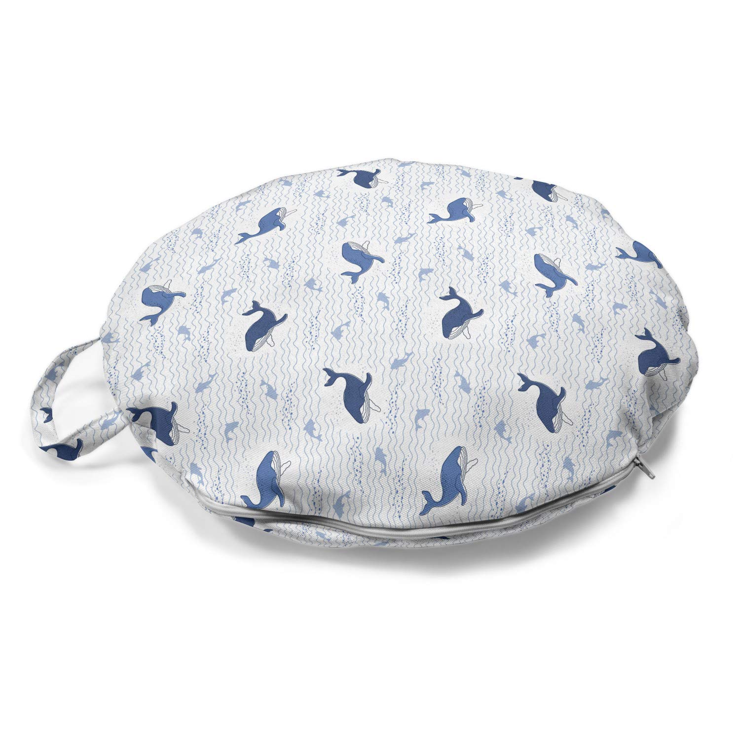 Ambesonne Whales Round Floor Cushion with Handle - Ocean Waves Underwater Fish & Marine Mammal Pattern on Plain Backdrop - Decorative Throw Pillow for Living Room, Dorms, Nursery - 18
